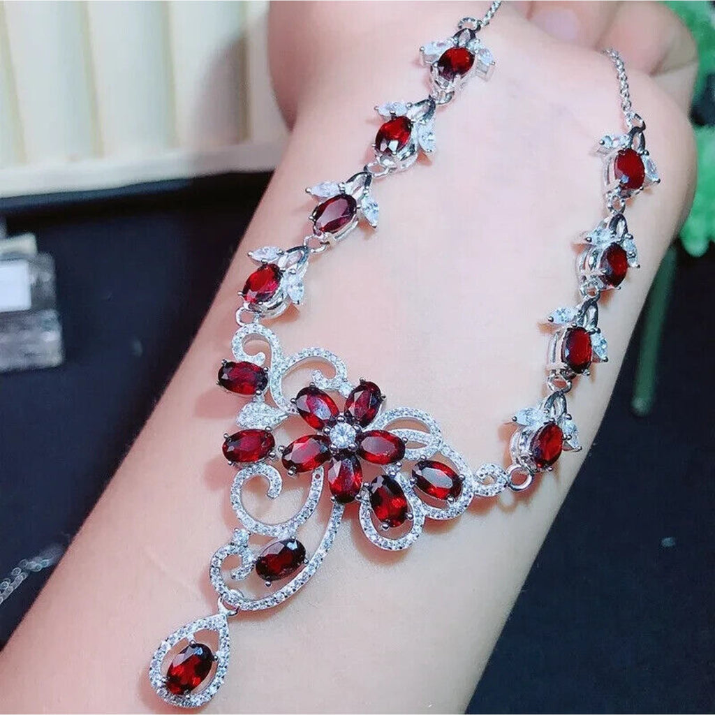 Red Garnet Statement Necklace, Natural Garnet Gemstone Necklace 925 Sterling