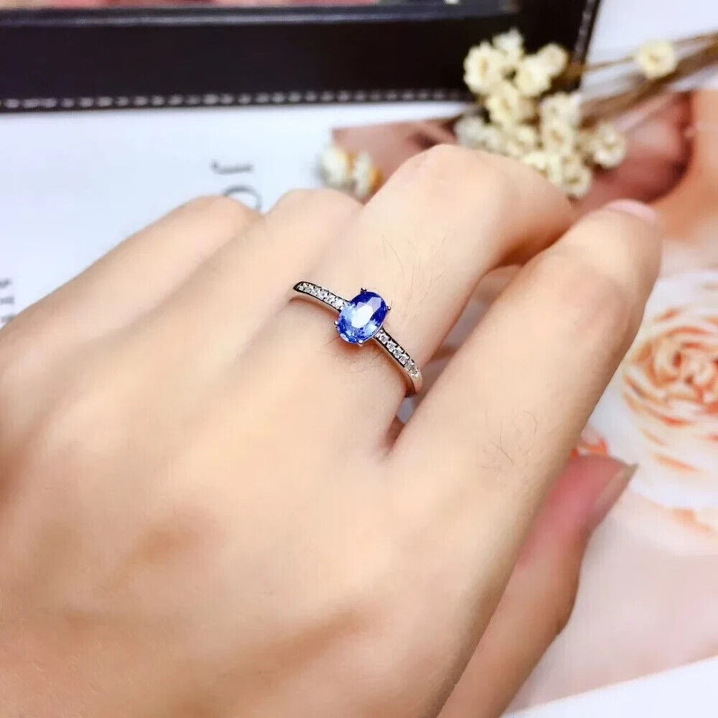 Sri Lanka Sapphire Ring, Natural Sapphire Ring Sterling Silver 4x6mm Sapphire