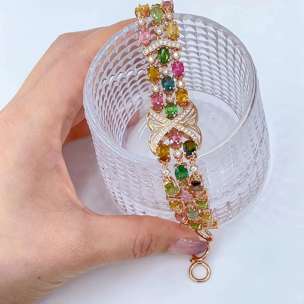 Multicolor Tourmaline Rose Gold Bracelet, Brazilian Tourmaline Tennis Bracelet