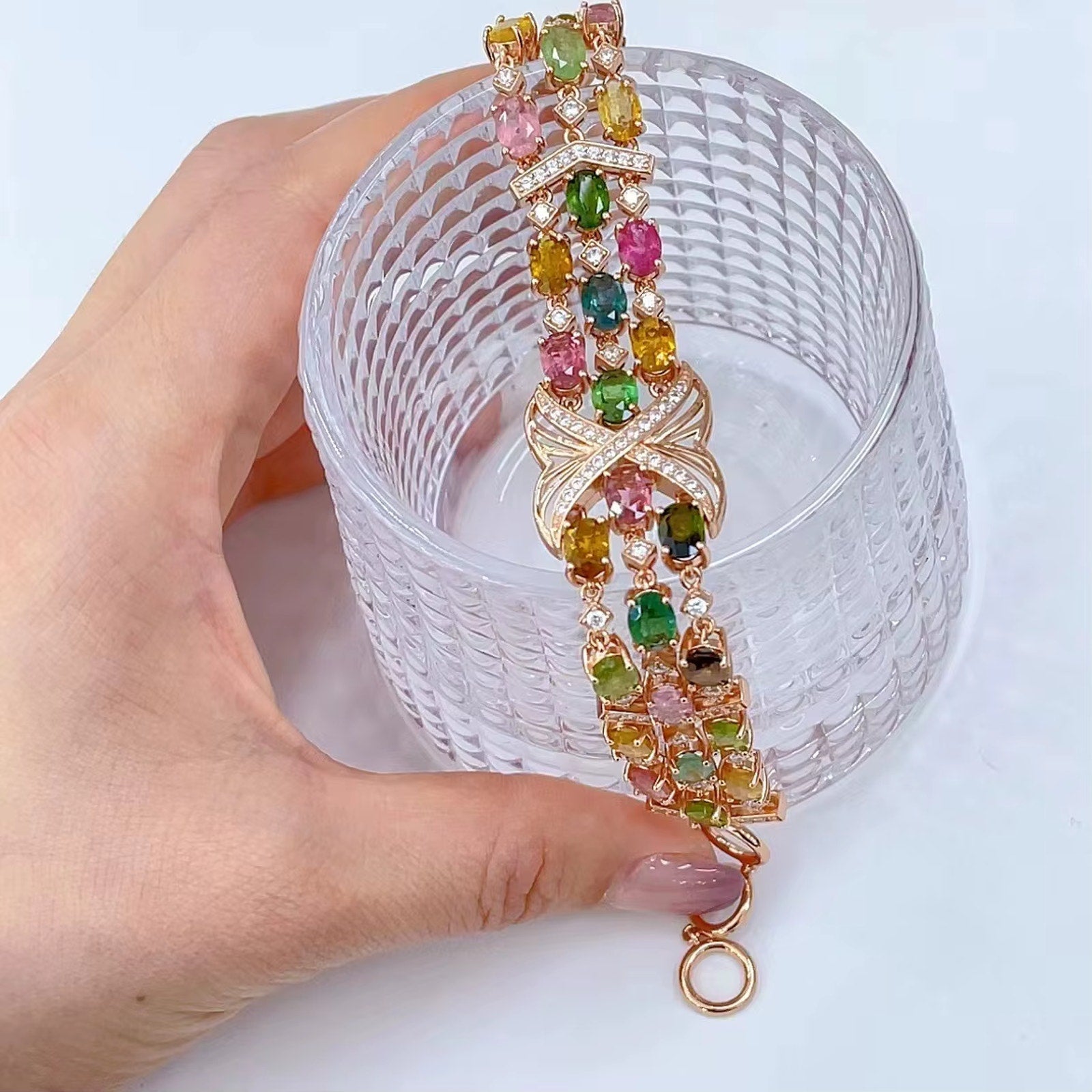 Multicolor Tourmaline Rose Gold Bracelet, Brazilian Tourmaline Tennis Bracelet