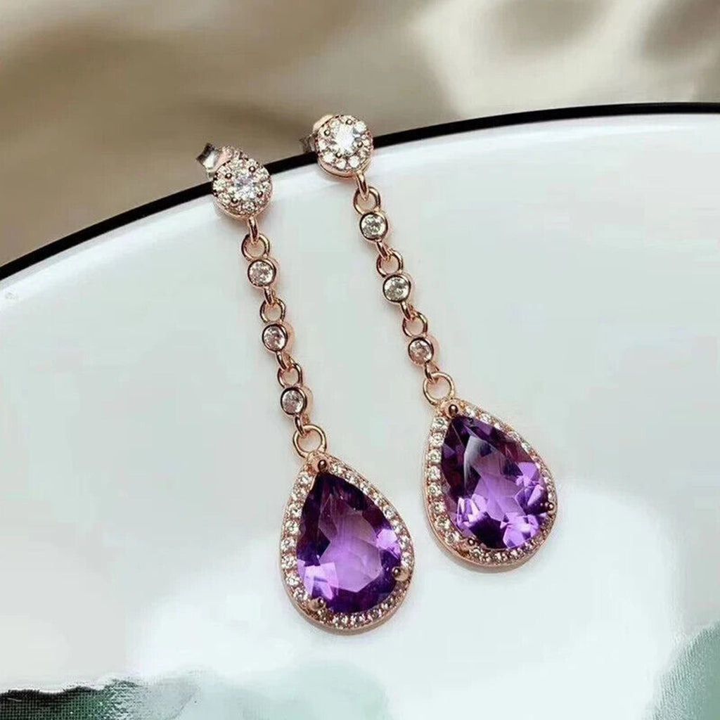 Amethyst Pear Cut Dangle Earrings 8x10mm Platinum Plated, Amethyst Earrings