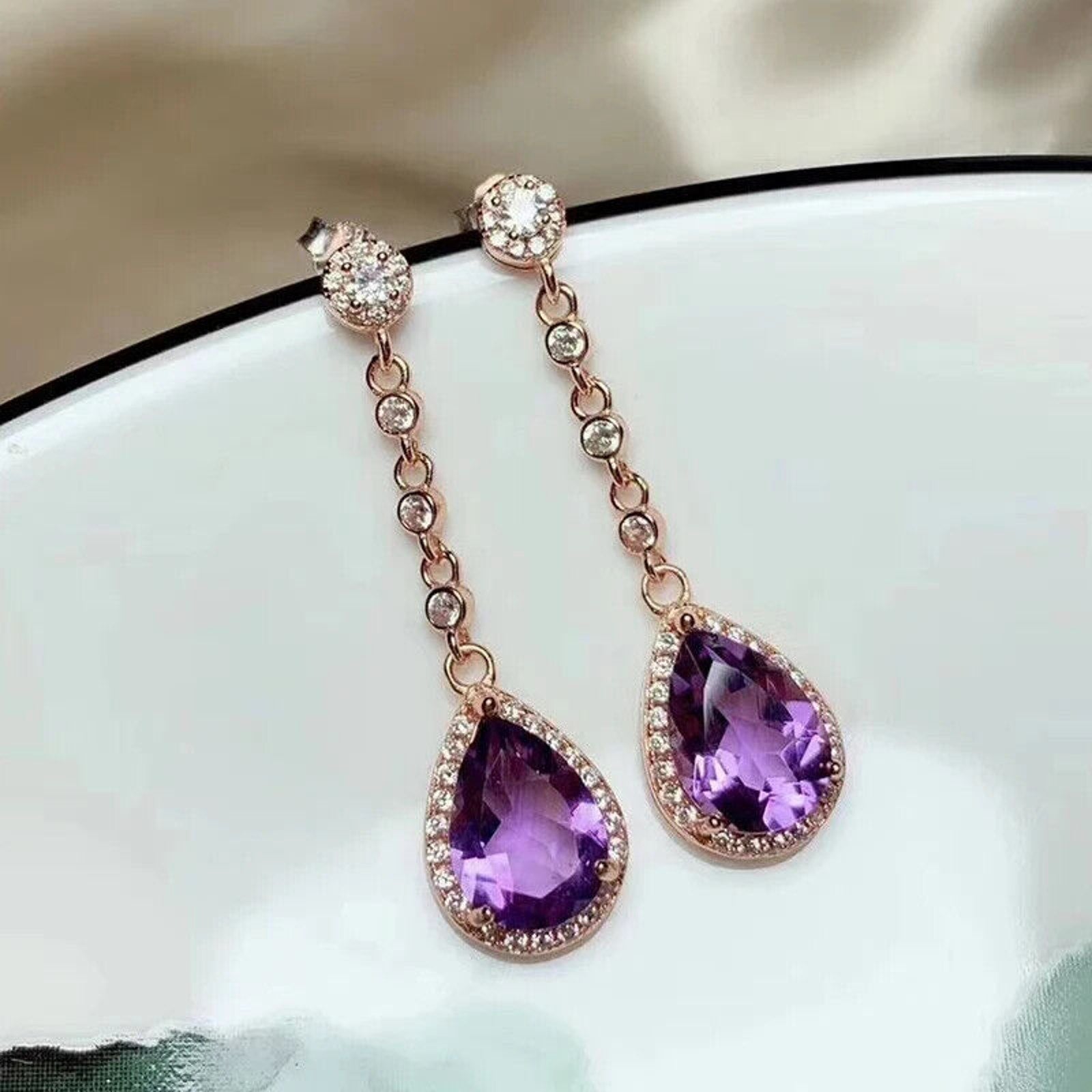 Amethyst Pear Cut Dangle Earrings 8x10mm Platinum Plated, Amethyst Earrings