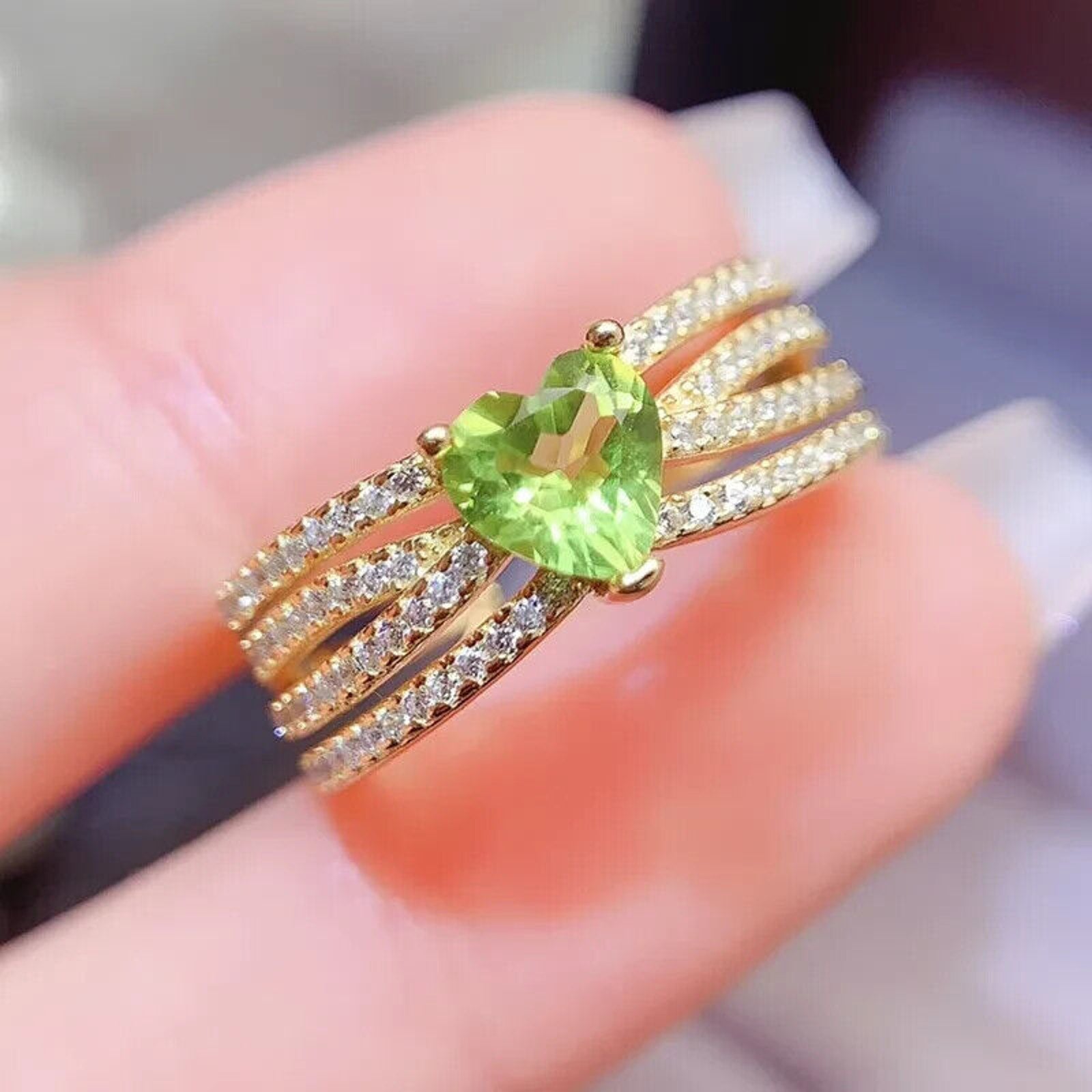 Natural Peridot Gemstone Heart Ring 6mm, August Birthstone Peridot Ring
