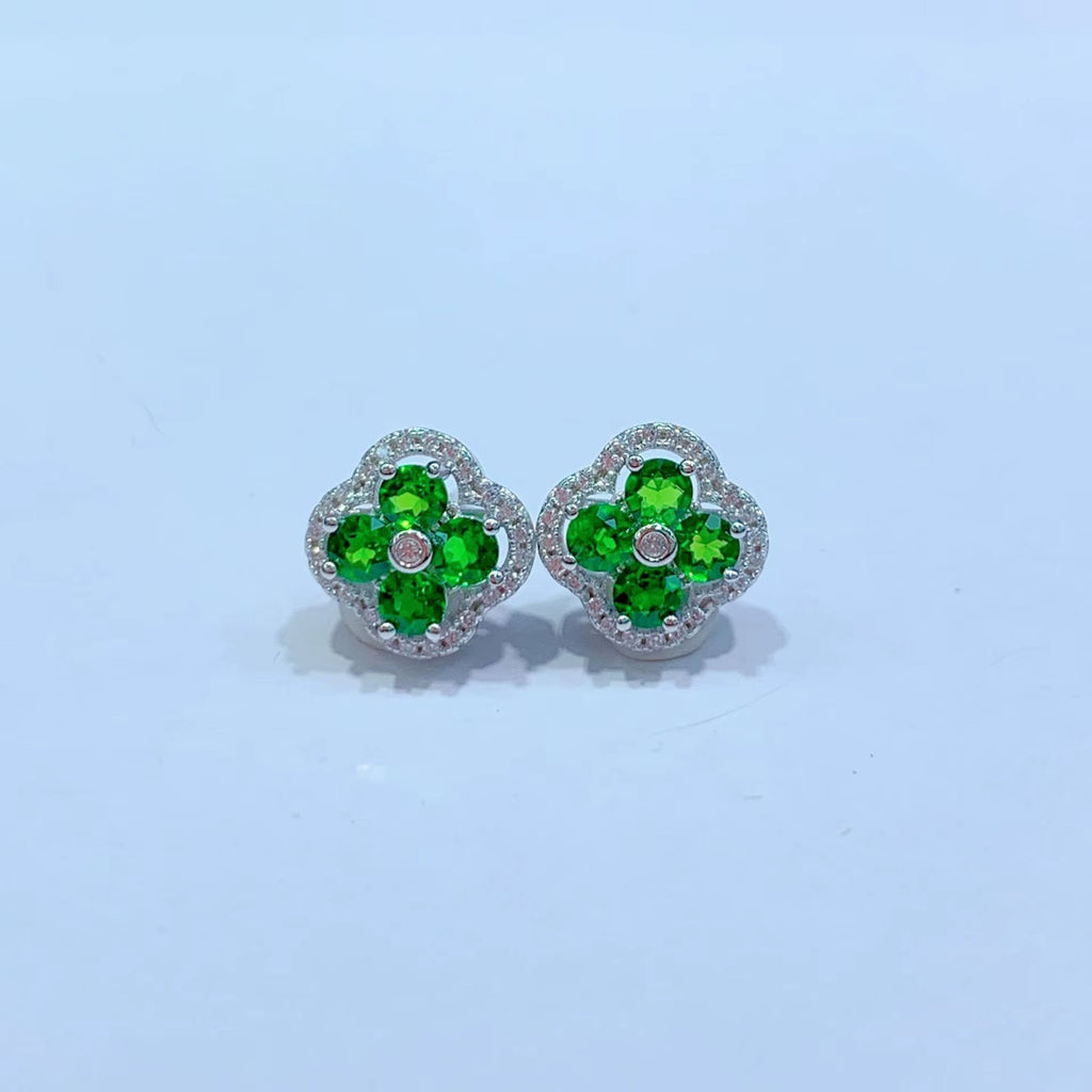 Natural Chrome Diopside Flower Stud Earrings 925 Sterling Silver