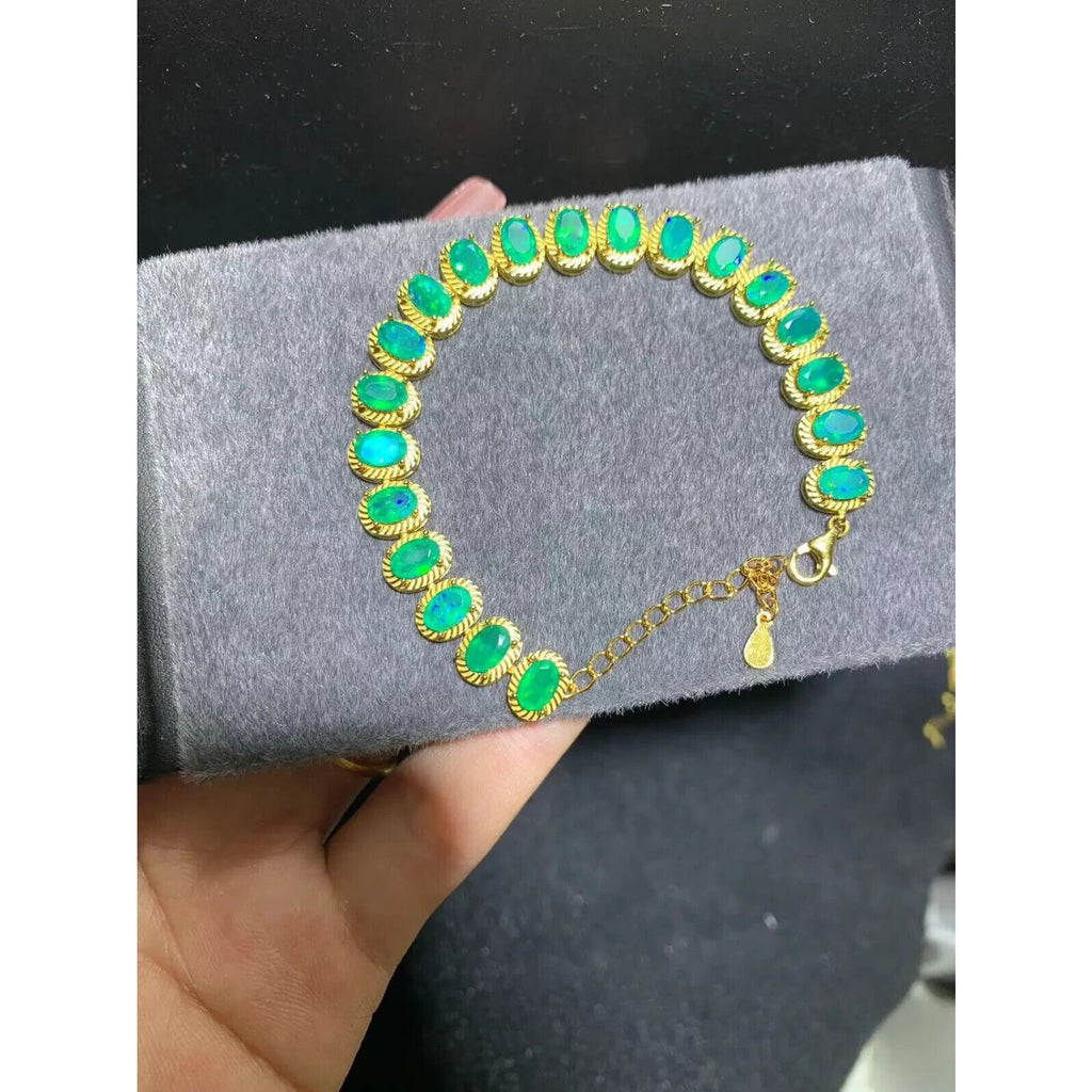 Natural Green Fire Opal Gemstone Bracelet, Fire Opal Tennis Bracelet Green 4x6mm