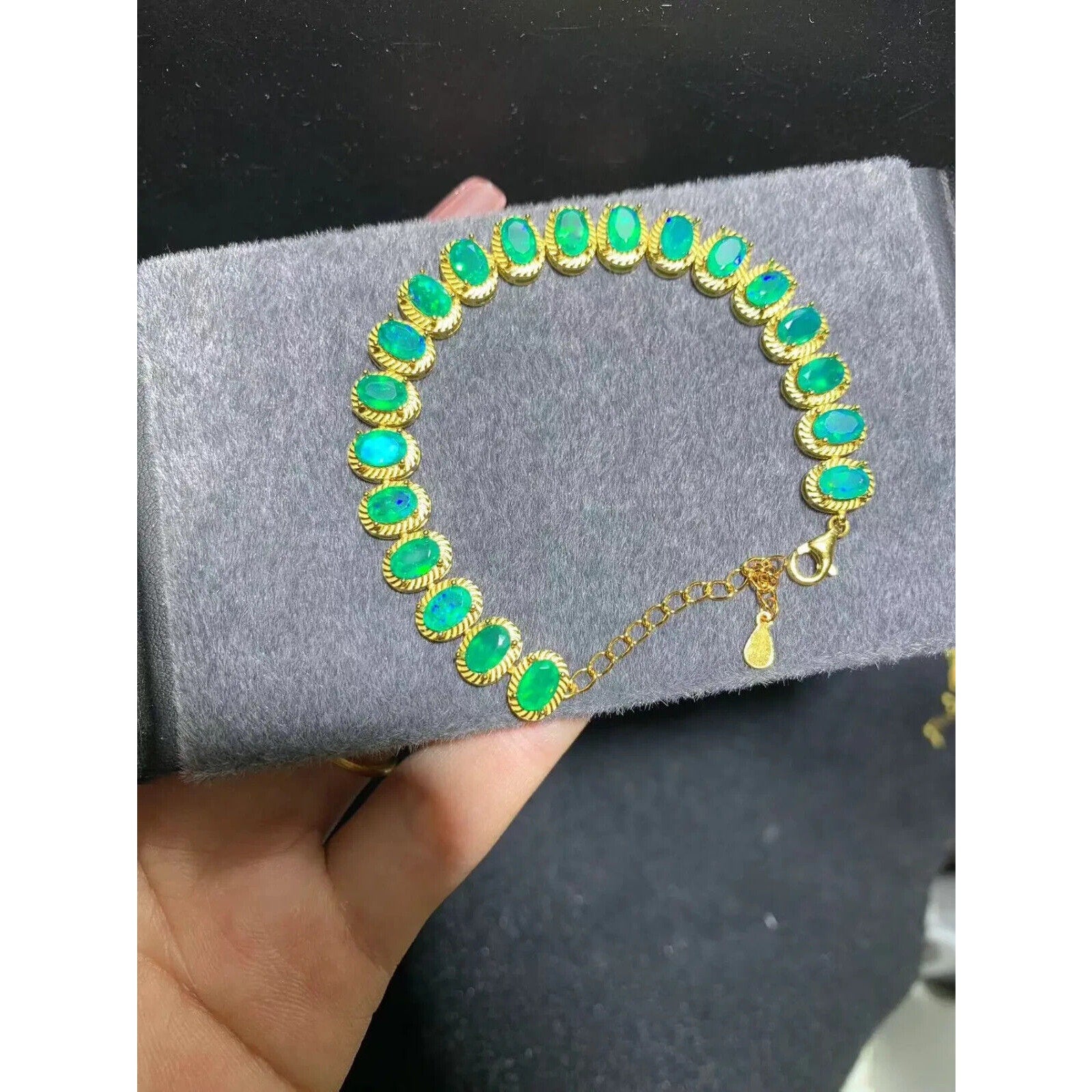 Natural Green Fire Opal Gemstone Bracelet, Fire Opal Tennis Bracelet Green 4x6mm