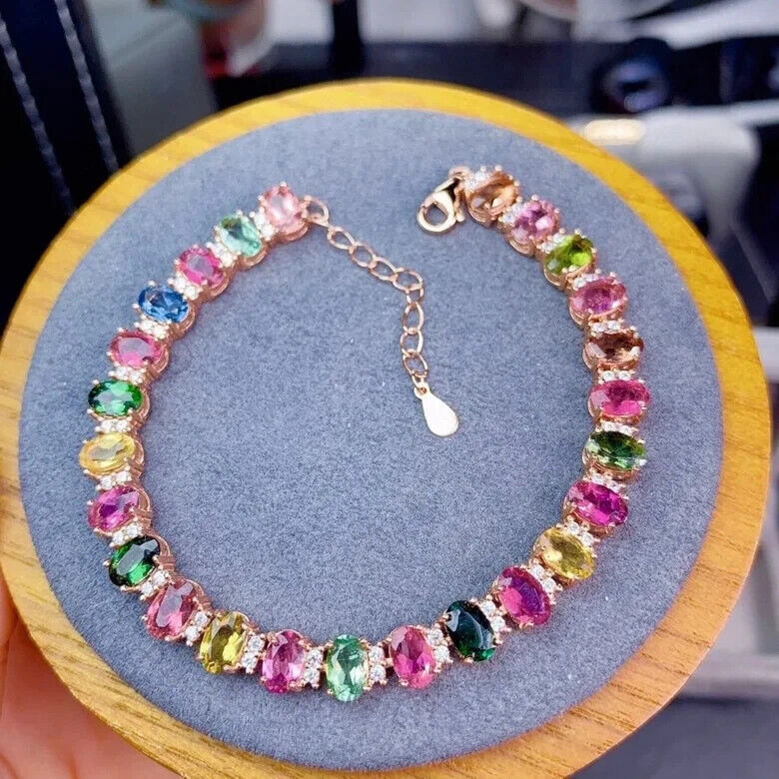 Natural Brazilian Tourmaline Gemstone Tennis Bracelet, Multicolor Tourmaline