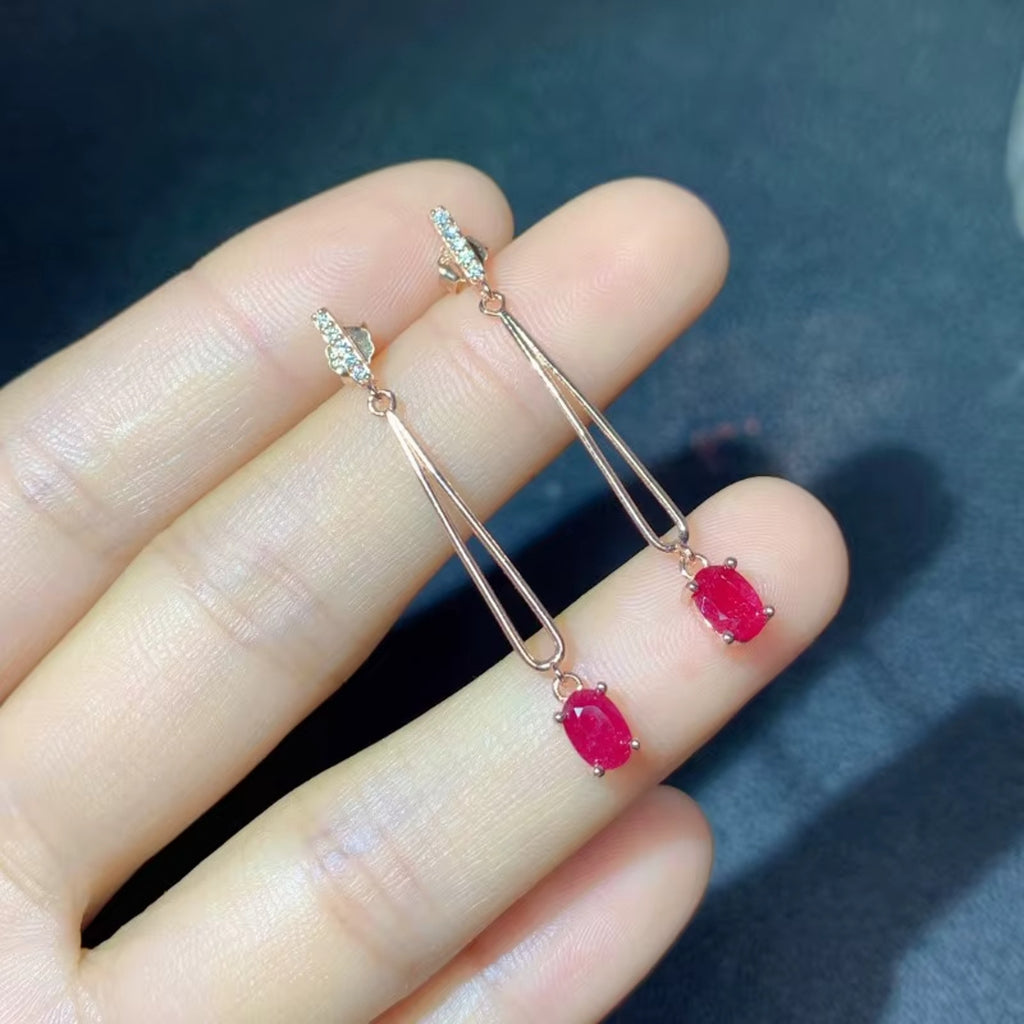 1Ct Stunning Genuine Oval Ruby Dangle Earrings in Sterling Silver