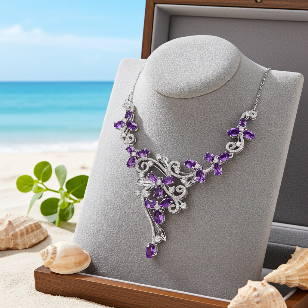 Amethyst Gemstone Flower Statement Necklace 925 Sterling