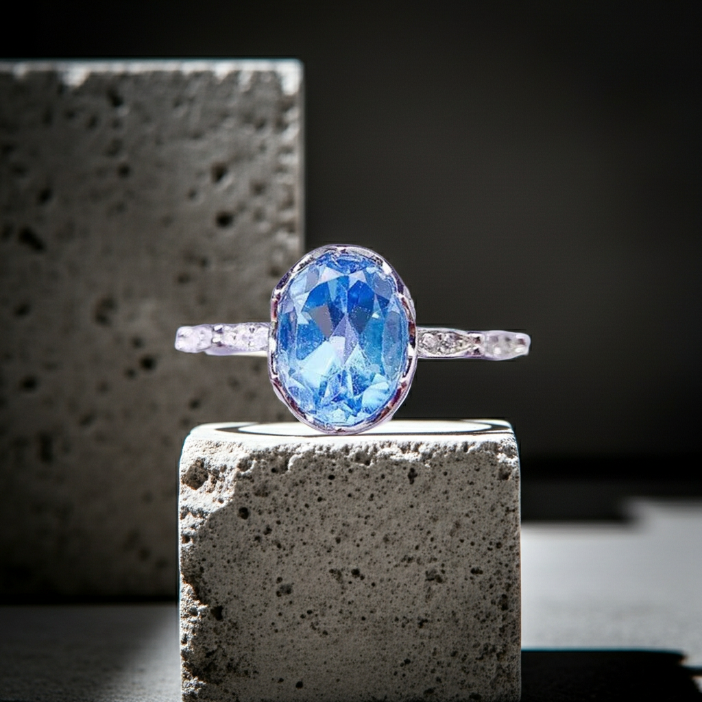 Natural Blue Topaz Ring 6x8mm 1.6CT 925 Sterling Silver