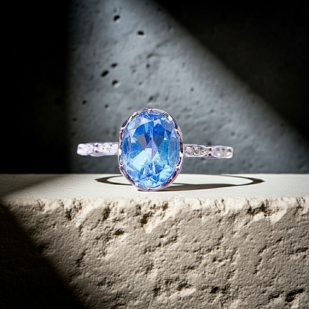 Natural Blue Topaz Ring 6x8mm 1.6CT 925 Sterling Silver