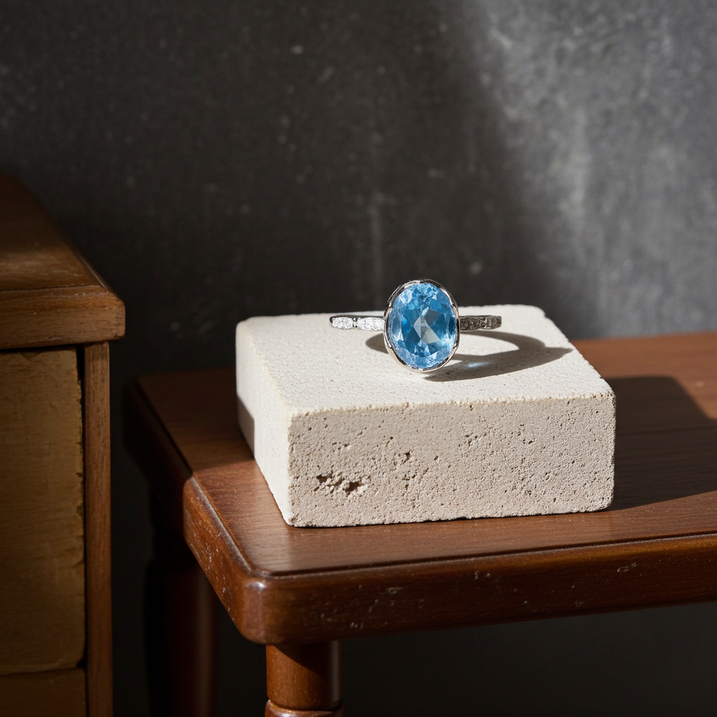 Natural Blue Topaz Ring 6x8mm 1.6CT 925 Sterling Silver
