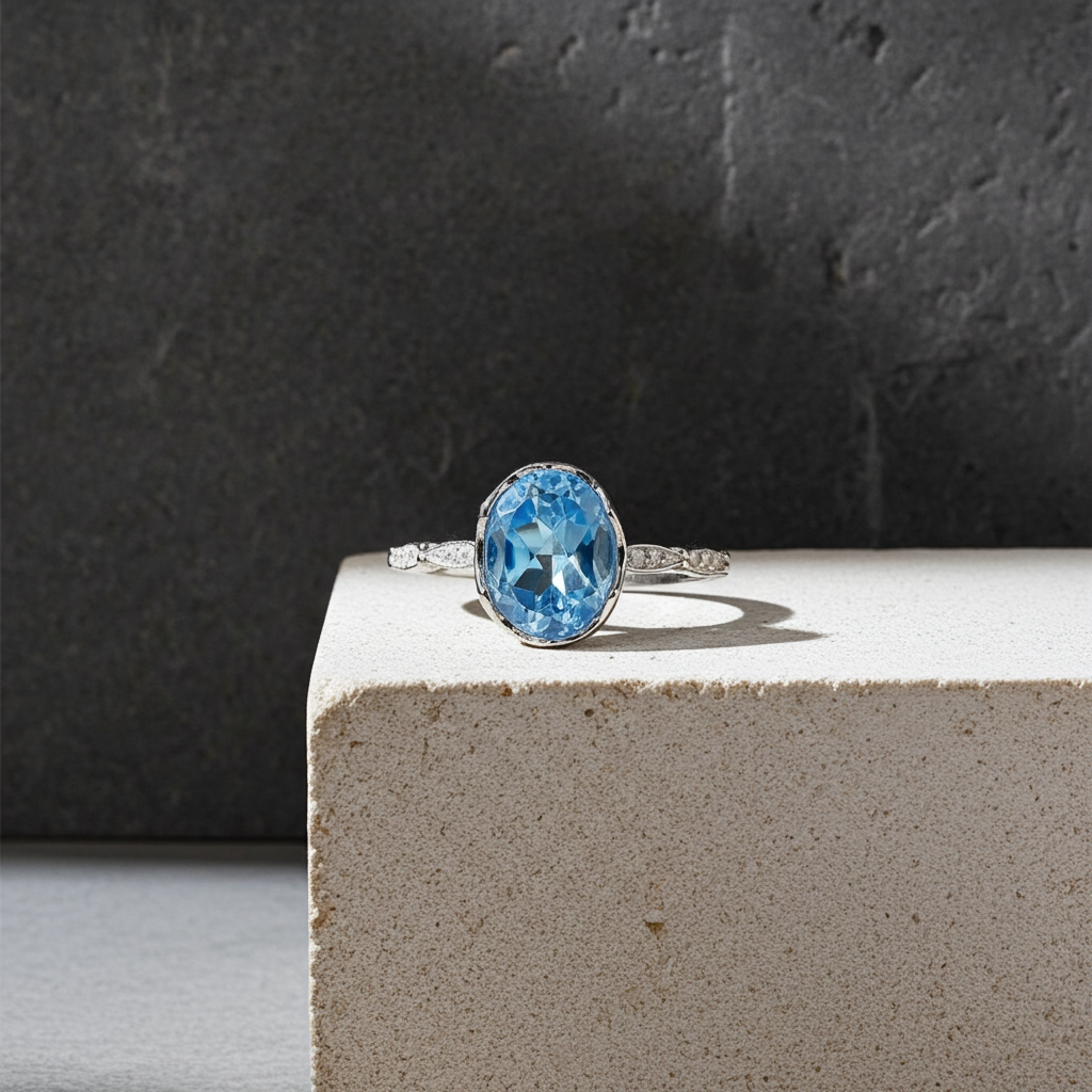 Natural Blue Topaz Ring 6x8mm 1.6CT 925 Sterling Silver