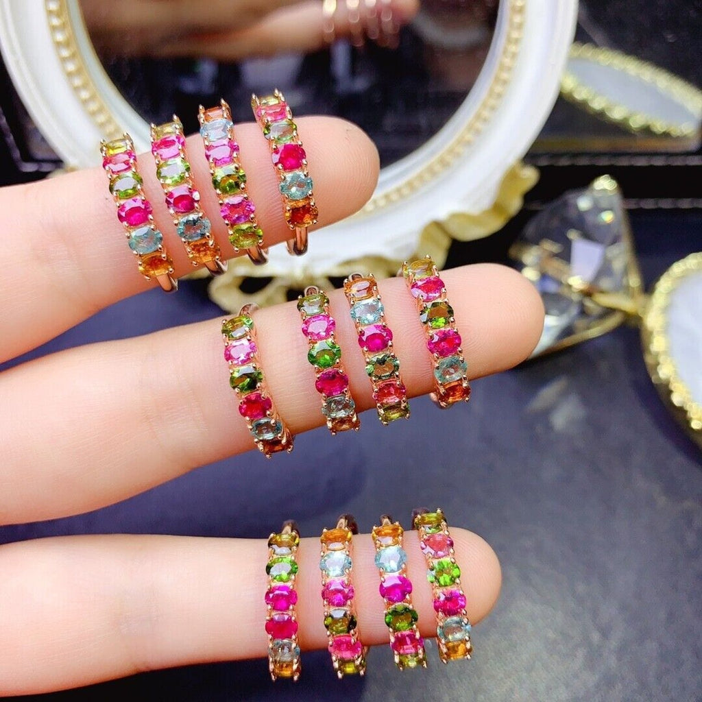 Tourmaline Gemstone Band Ring, Bright Natural Tourmaline Band Ring Silver