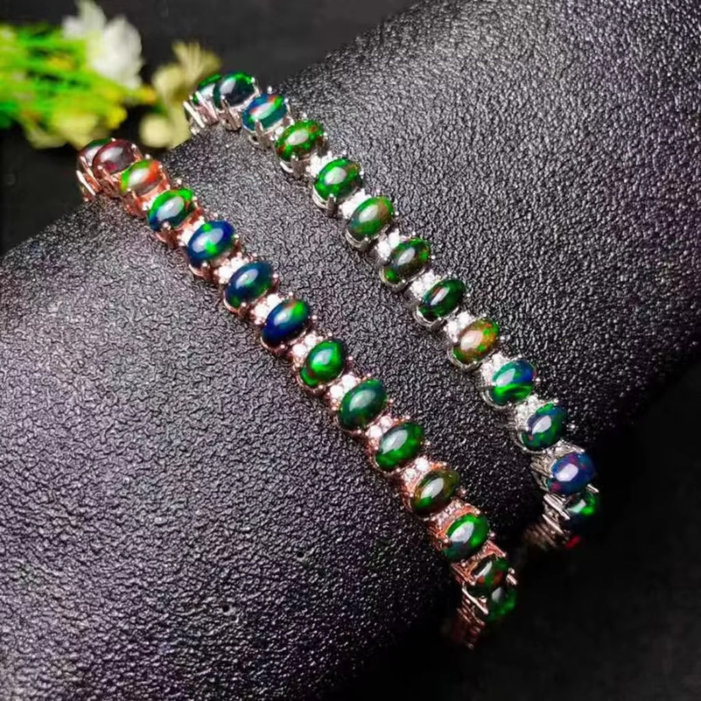 Natural Fire Opal Tennis Bracelet, Colorful Black Opal Bracelet 925 Sterling