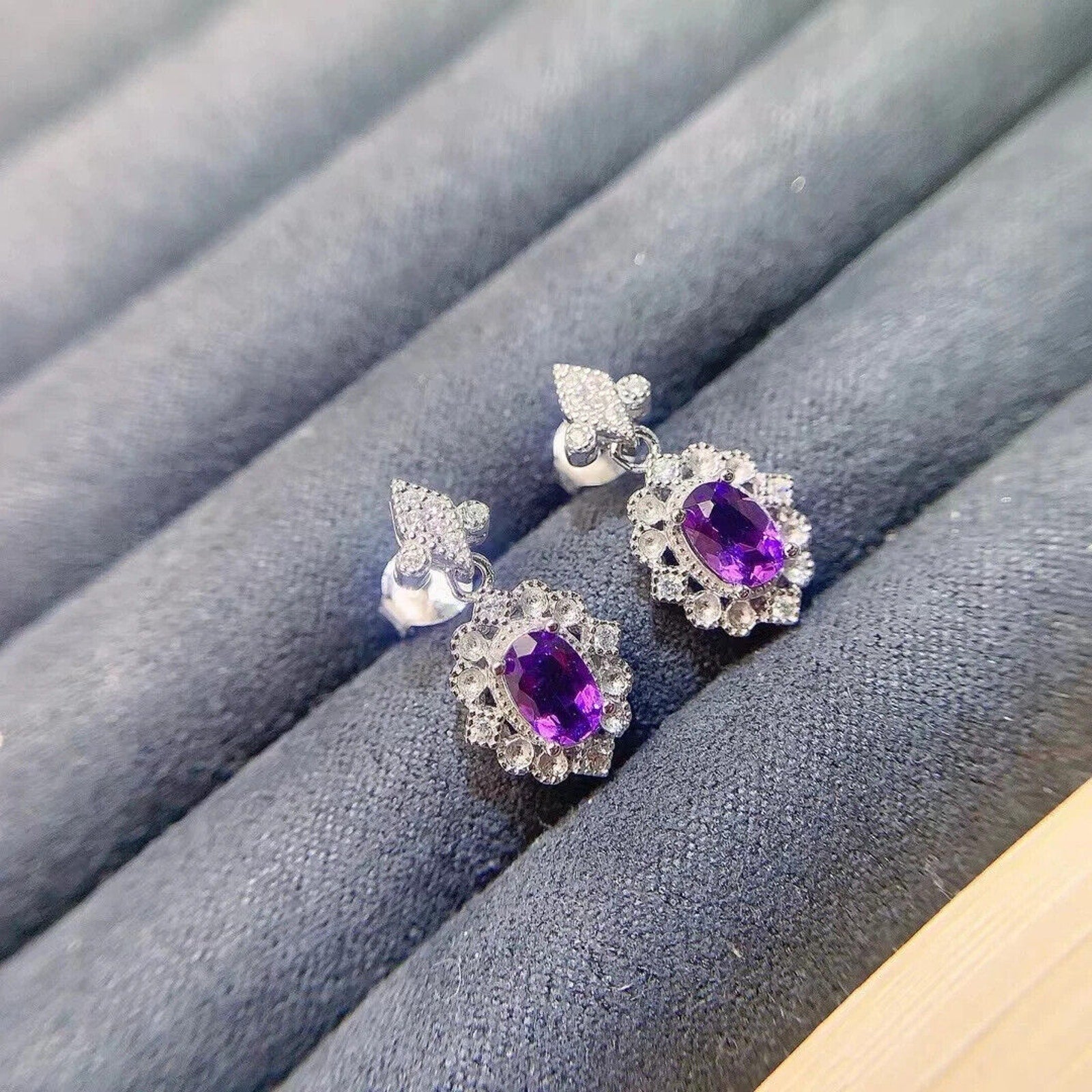 Amethyst Dangle Earrings 4x6mm Platinum Plated, Purple Amethyst Earrings