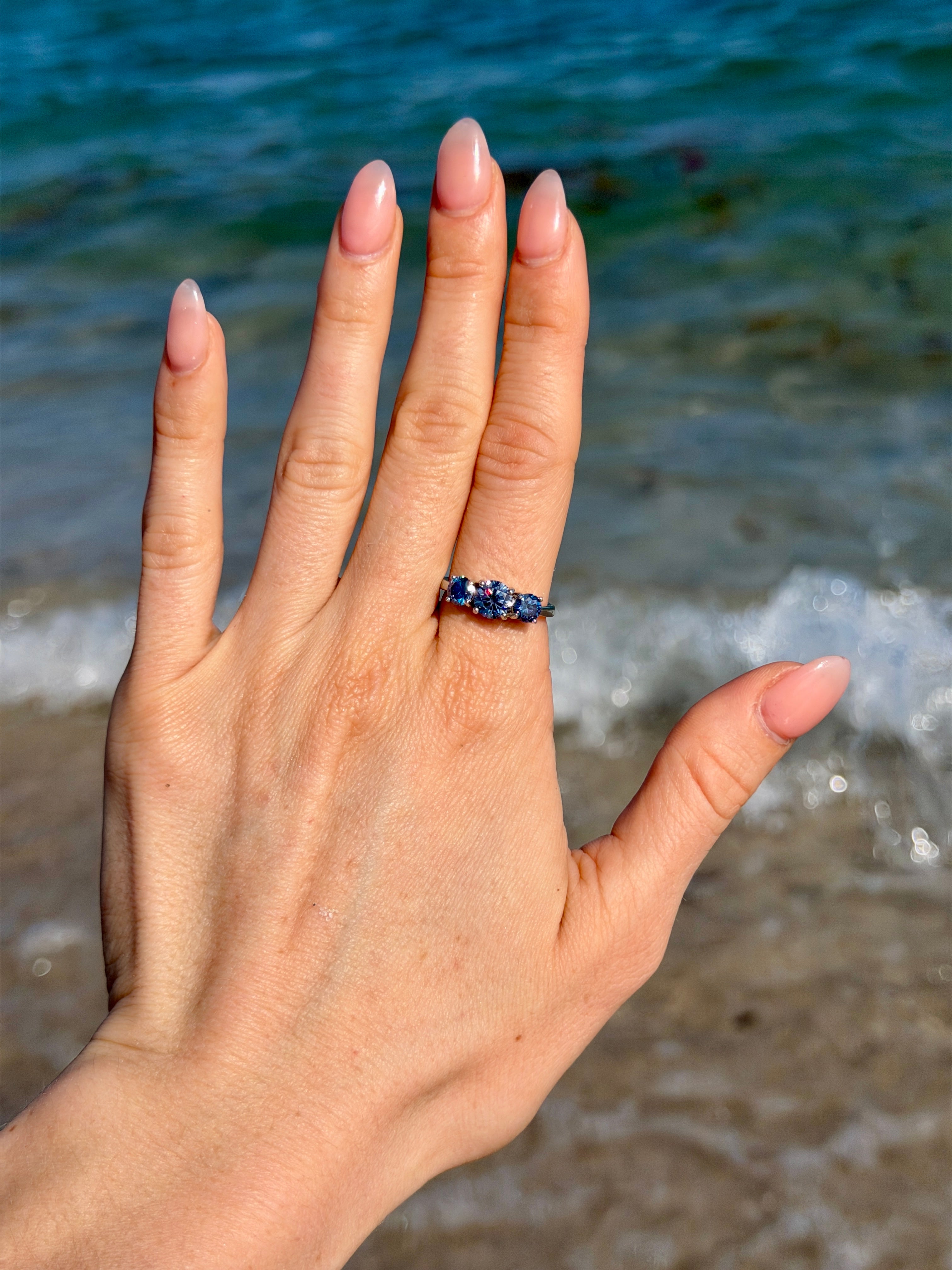 VVS1 Blue Moissanite 3 Stone Ring 925 Sterling Silver