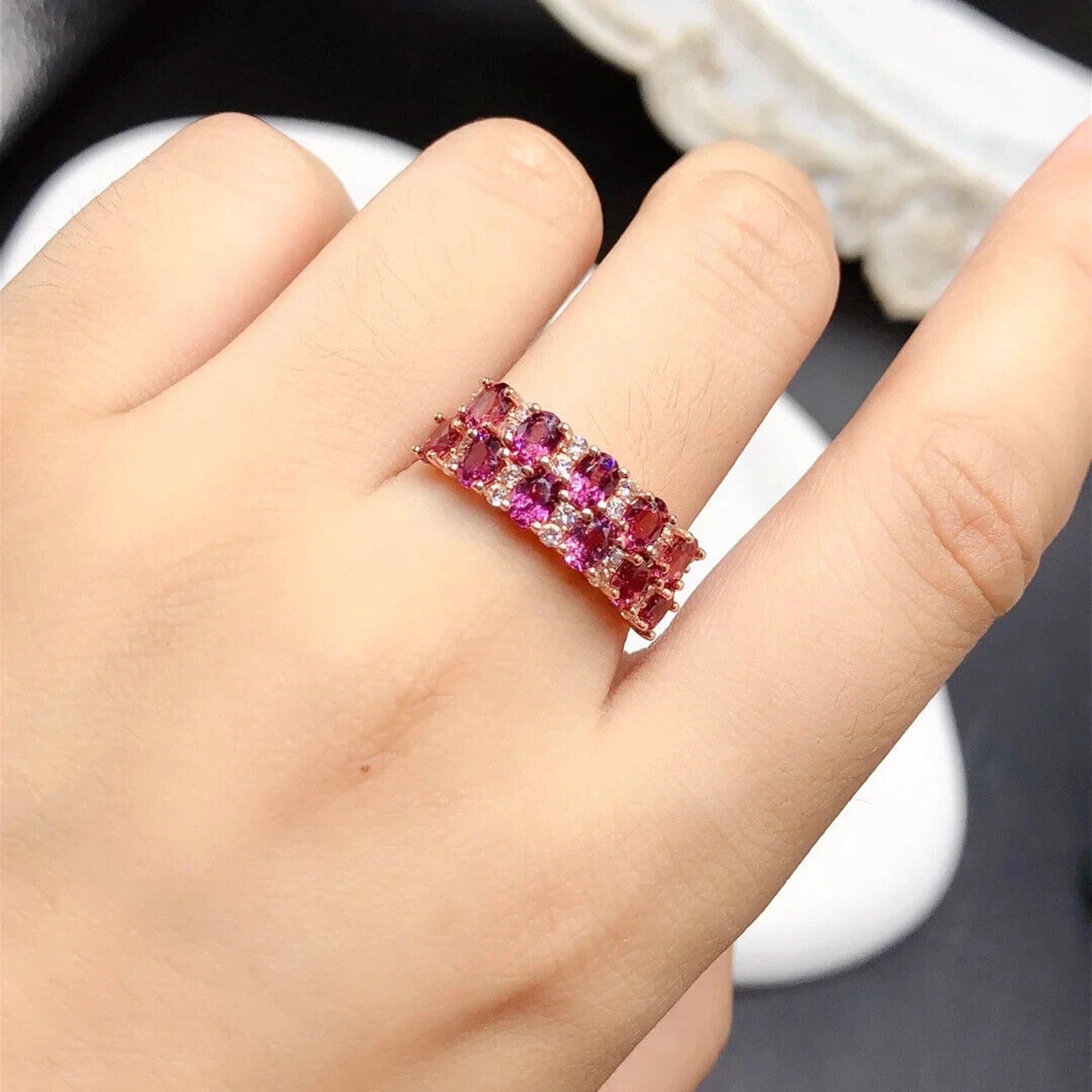Natural Pink Garnet Double Layer Band Ring 3x4mm Platinum Plated Sterling