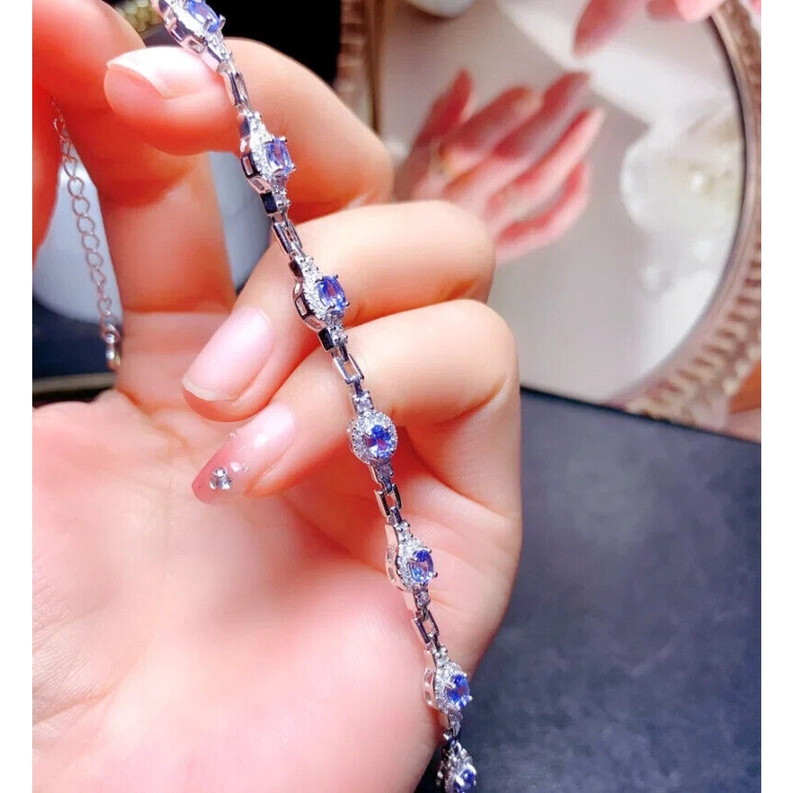 Dainty Tanzanite Tennis Bracelet, Natural Purple Tanzanite Bracelet Sterling