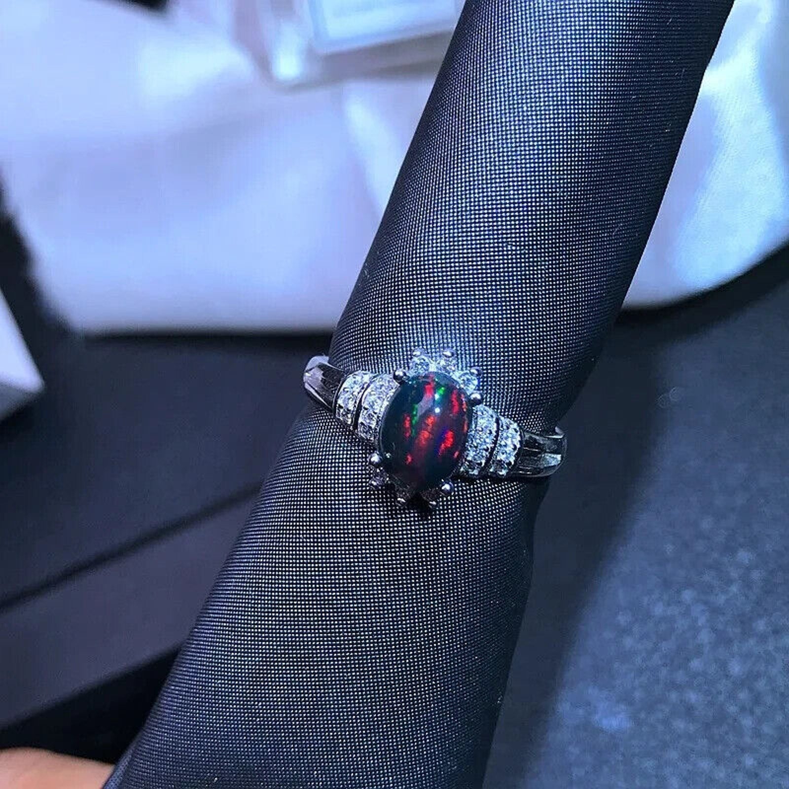 Colorful Dainty Black Fire Opal Ring, Multicolor Fire Opal Ring Sterling Silver