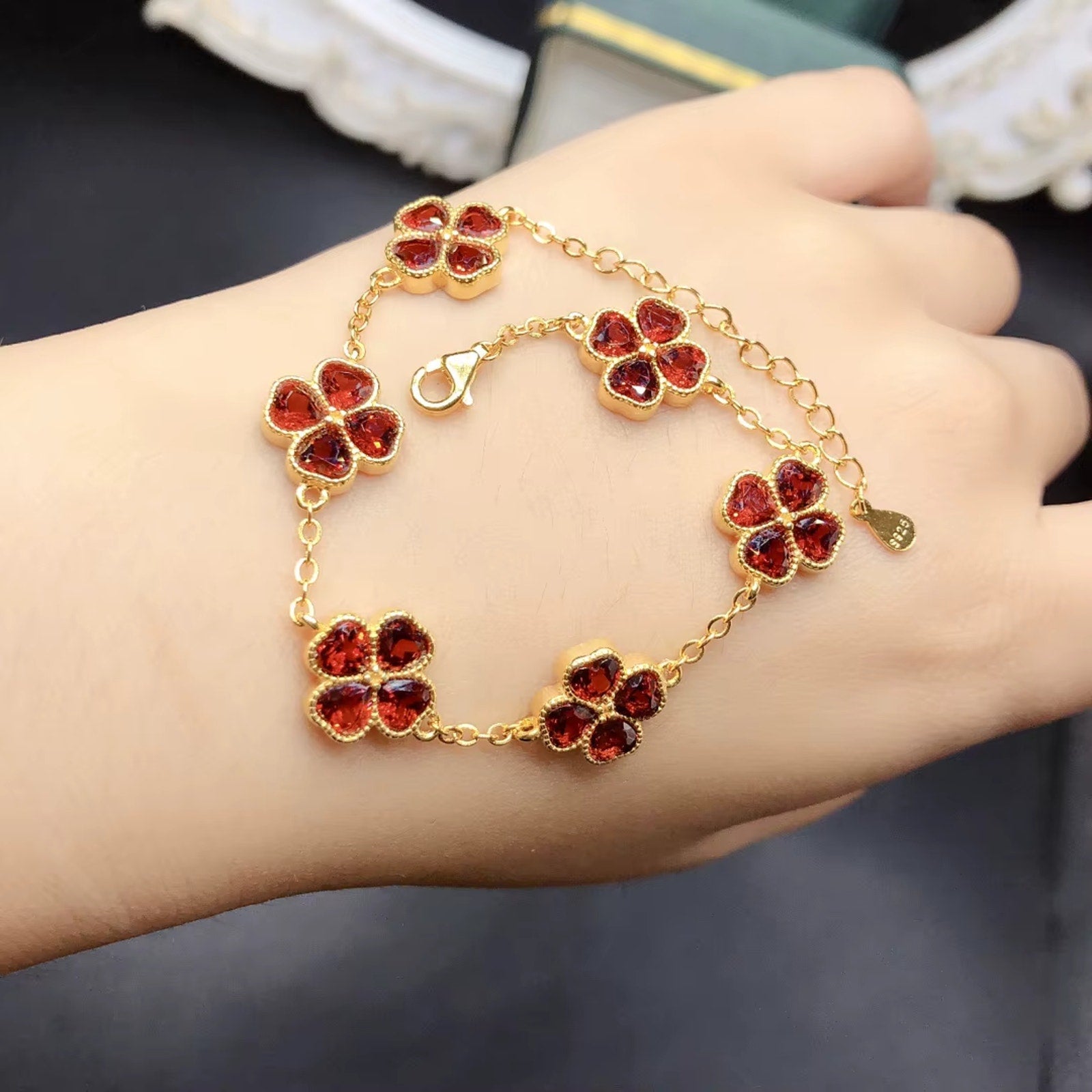 Red Garnet Clover Bracelet, Natural Garnet Gemstone Bracelet 4mm 925 Sterling
