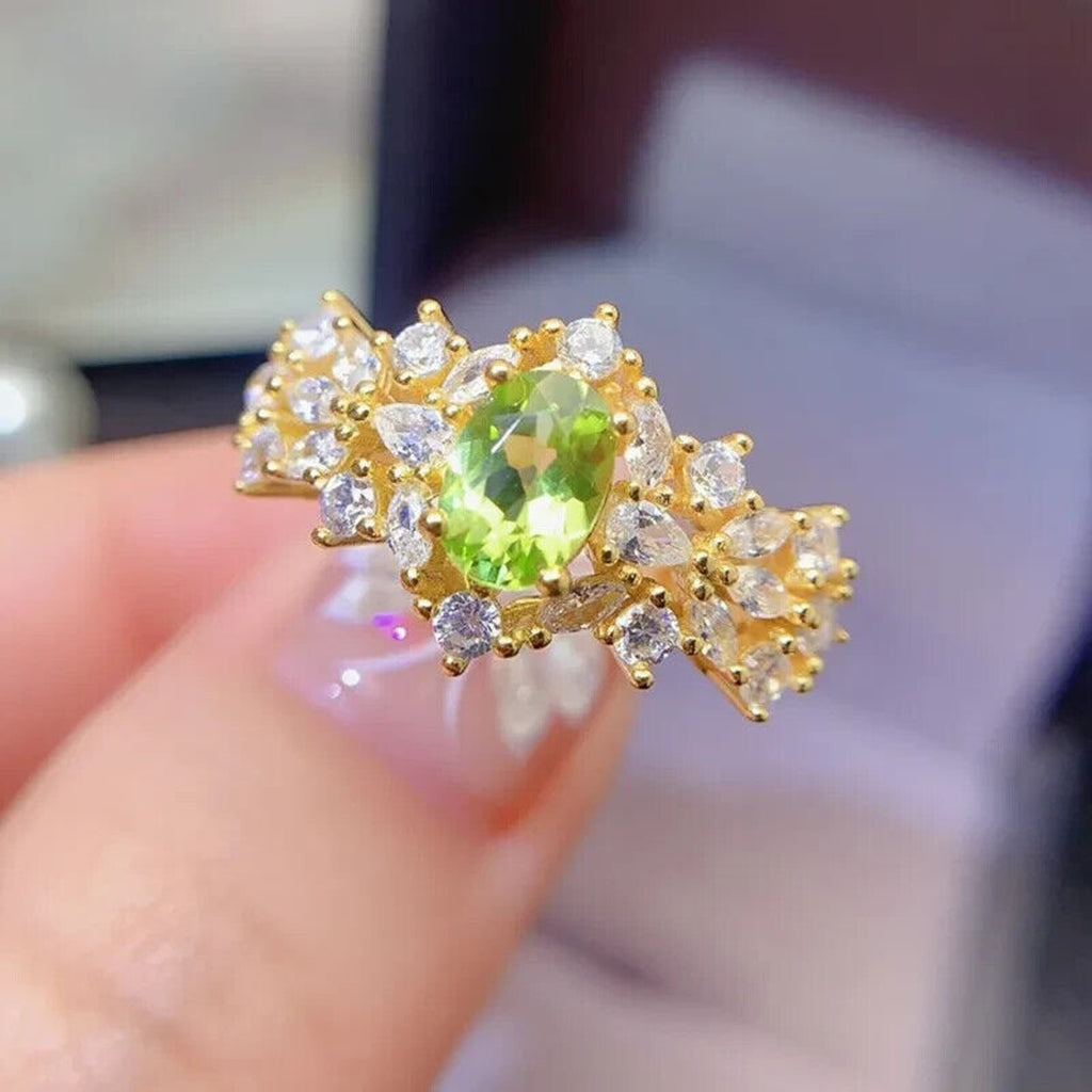 Natural Peridot Gemstone Statement Ring 5x7mm, August Birthstone Peridot Ring
