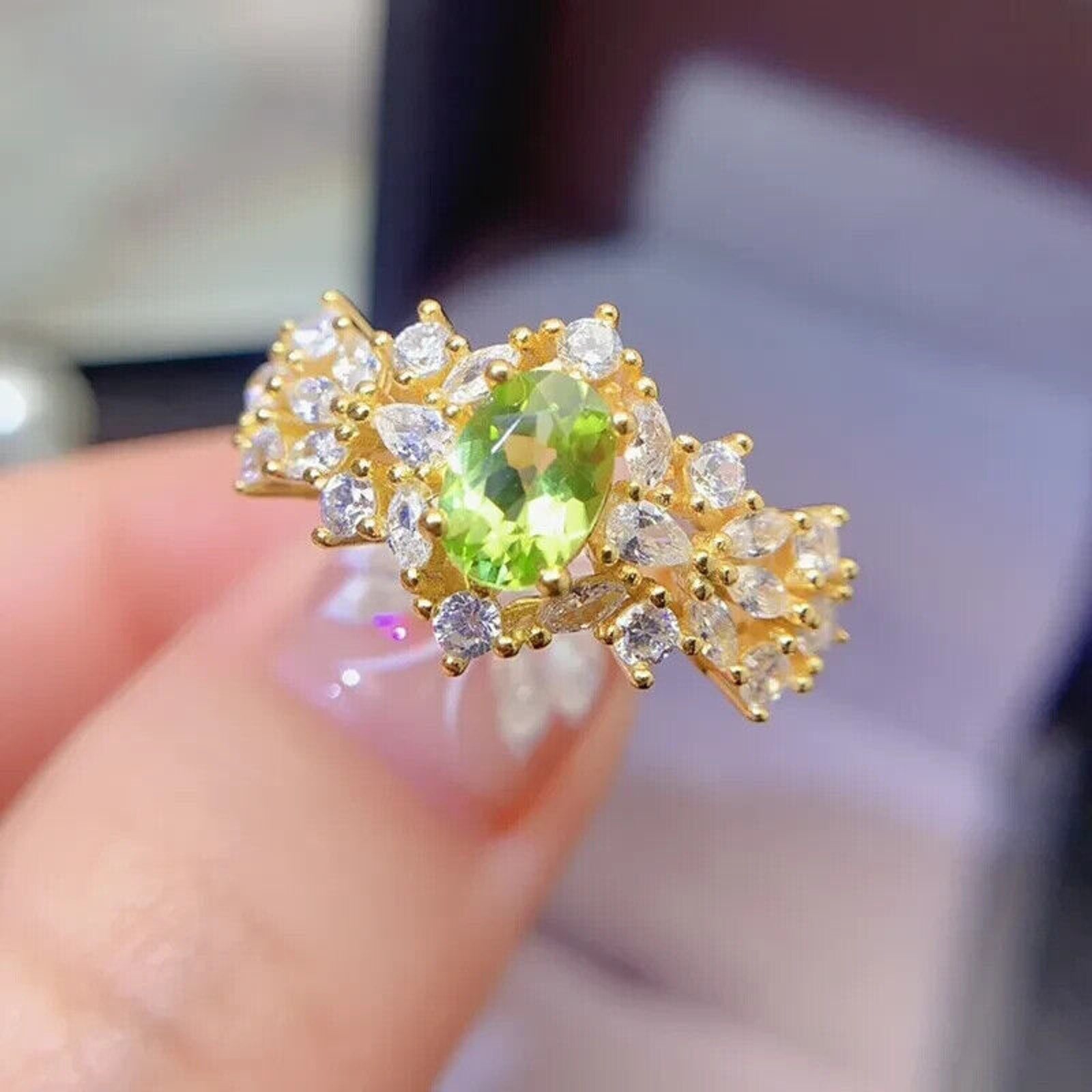 Natural Peridot Gemstone Statement Ring 5x7mm, August Birthstone Peridot Ring