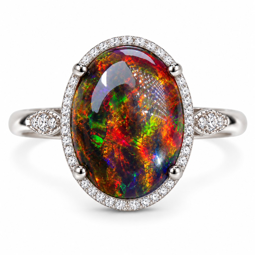 10x14mm oval black fire opal ring with vivid red, orange, green, and blue flashes, four-prong setting, sparkling halo, and decorative silver-tone shoulders on a white background.