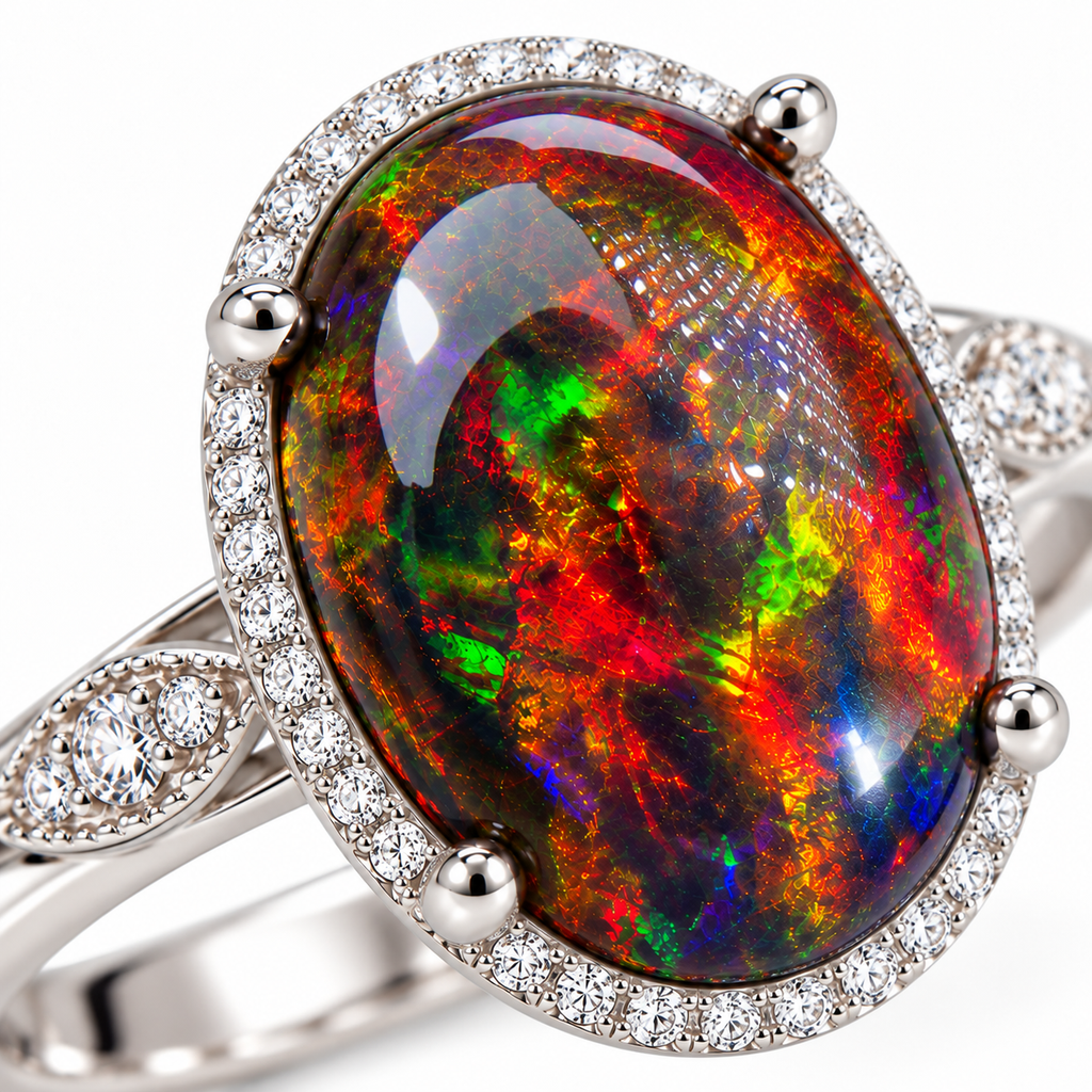 An oval-cut opal ring with a silver-toned halo and pavé setting, featuring vibrant multicolor play-of-color with red, green, blue, and orange flashes on a white background.