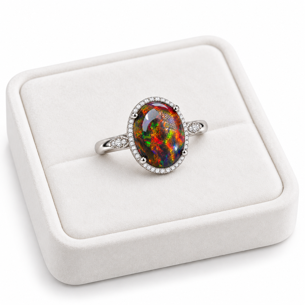 An oval-cut opal ring with a silver-toned halo and band, displayed on a white ring box. The opal features a vibrant play-of-color with red, green, blue, and orange hues.