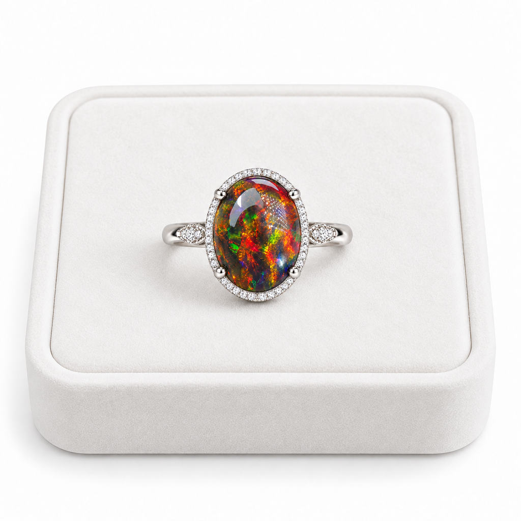 A silver ring with a large oval multicolor opal center stone and a halo of small clear stones, displayed on a white ring box.