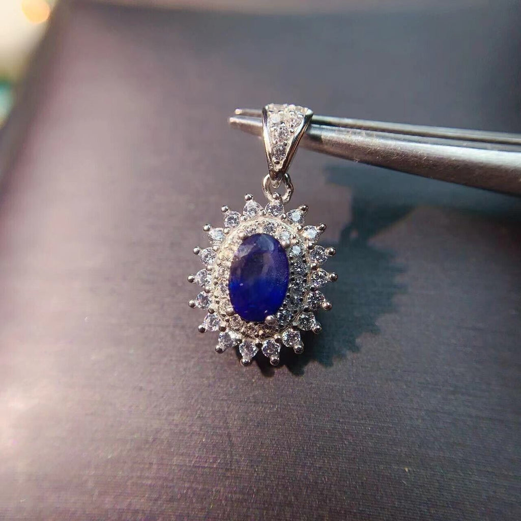 Genuine Blue Sapphire 4x6mm Pendant, Natural Sapphire Pendant with CZ Sterling