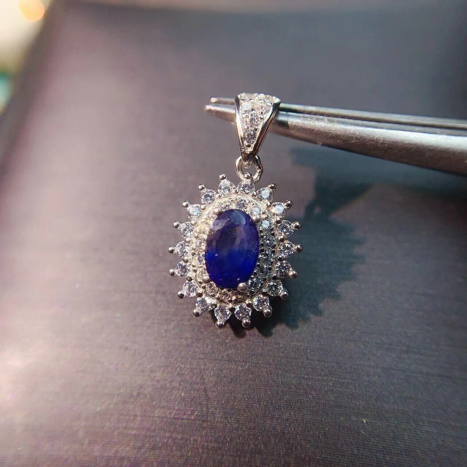 Genuine Blue Sapphire 4x6mm Pendant, Natural Sapphire Pendant with CZ Sterling