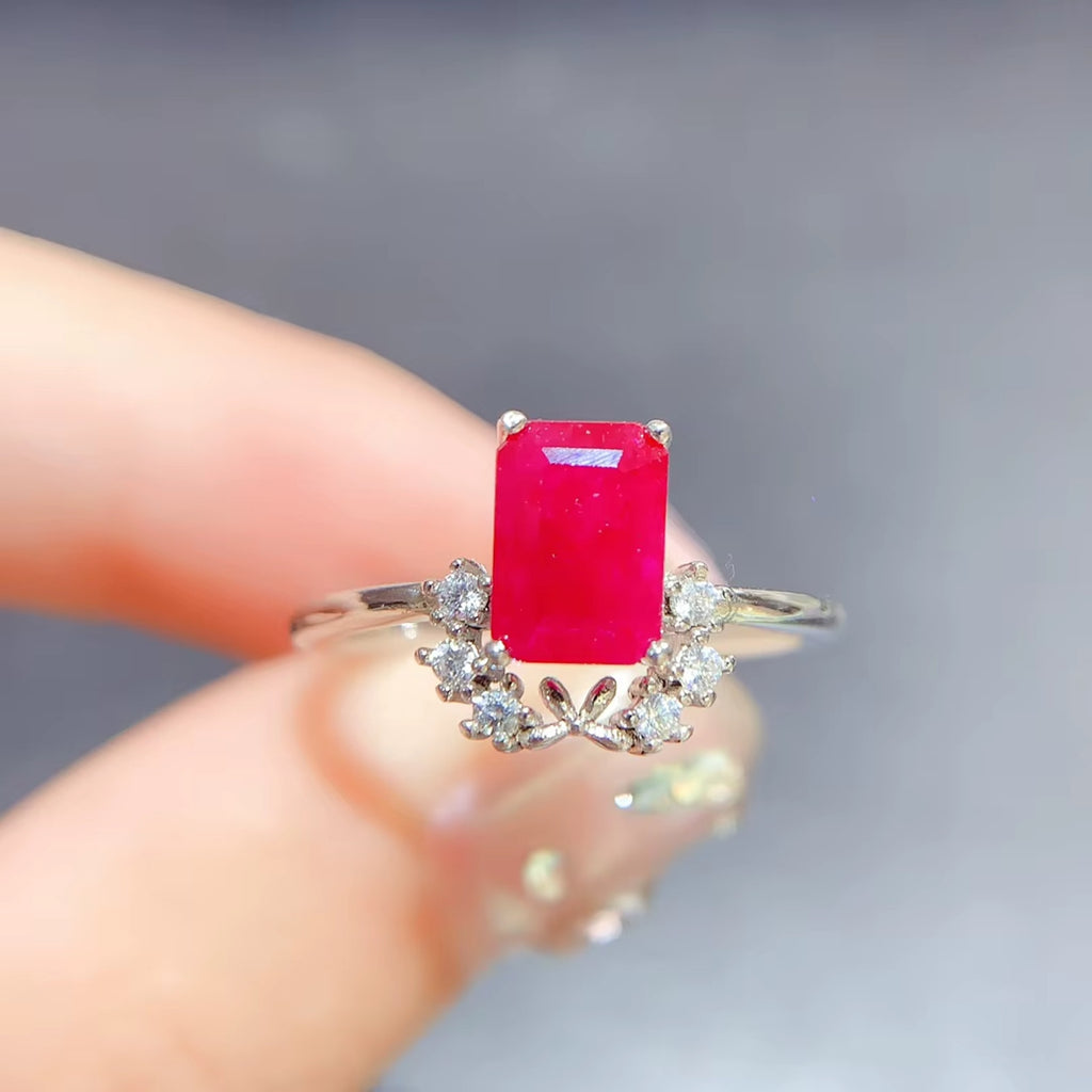 Genuine Ruby Emerald Cut Ring 1 Ct Sterling Silver, Natural Ruby Ring