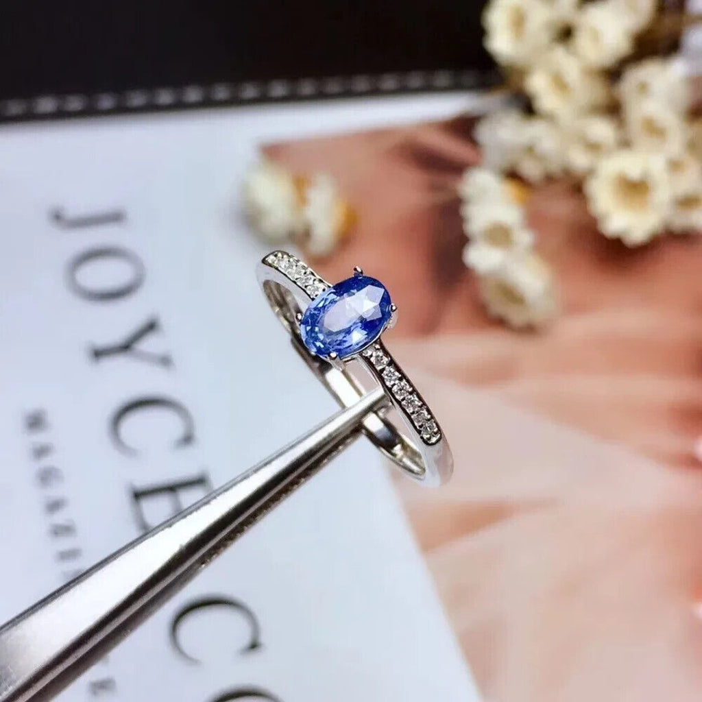 Sri Lanka Sapphire Ring, Natural Sapphire Ring Sterling Silver 4x6mm Sapphire