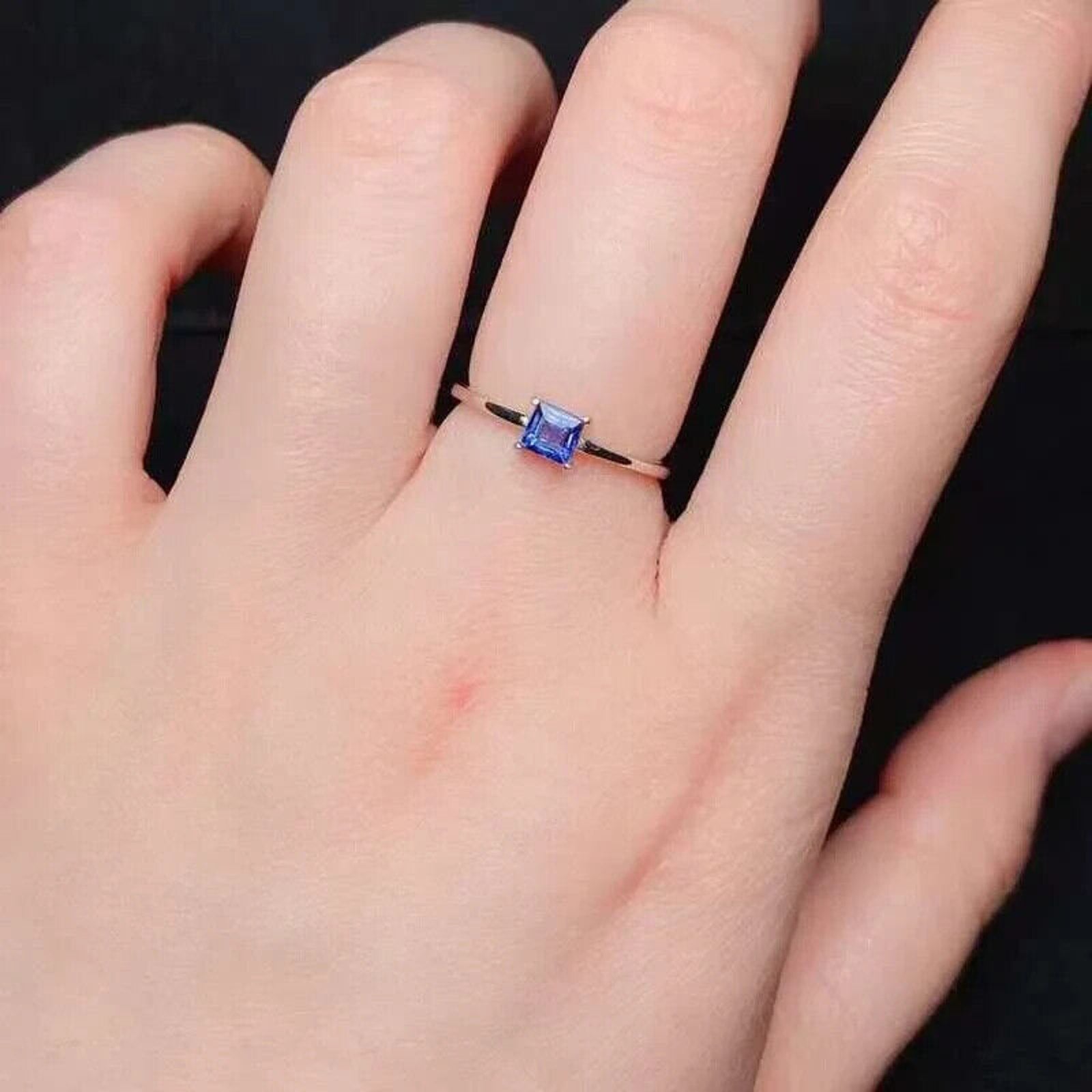 Dainty Square Sapphire Ring, Natural Blue Sapphire Ring 4mm 925 Sterling Silver