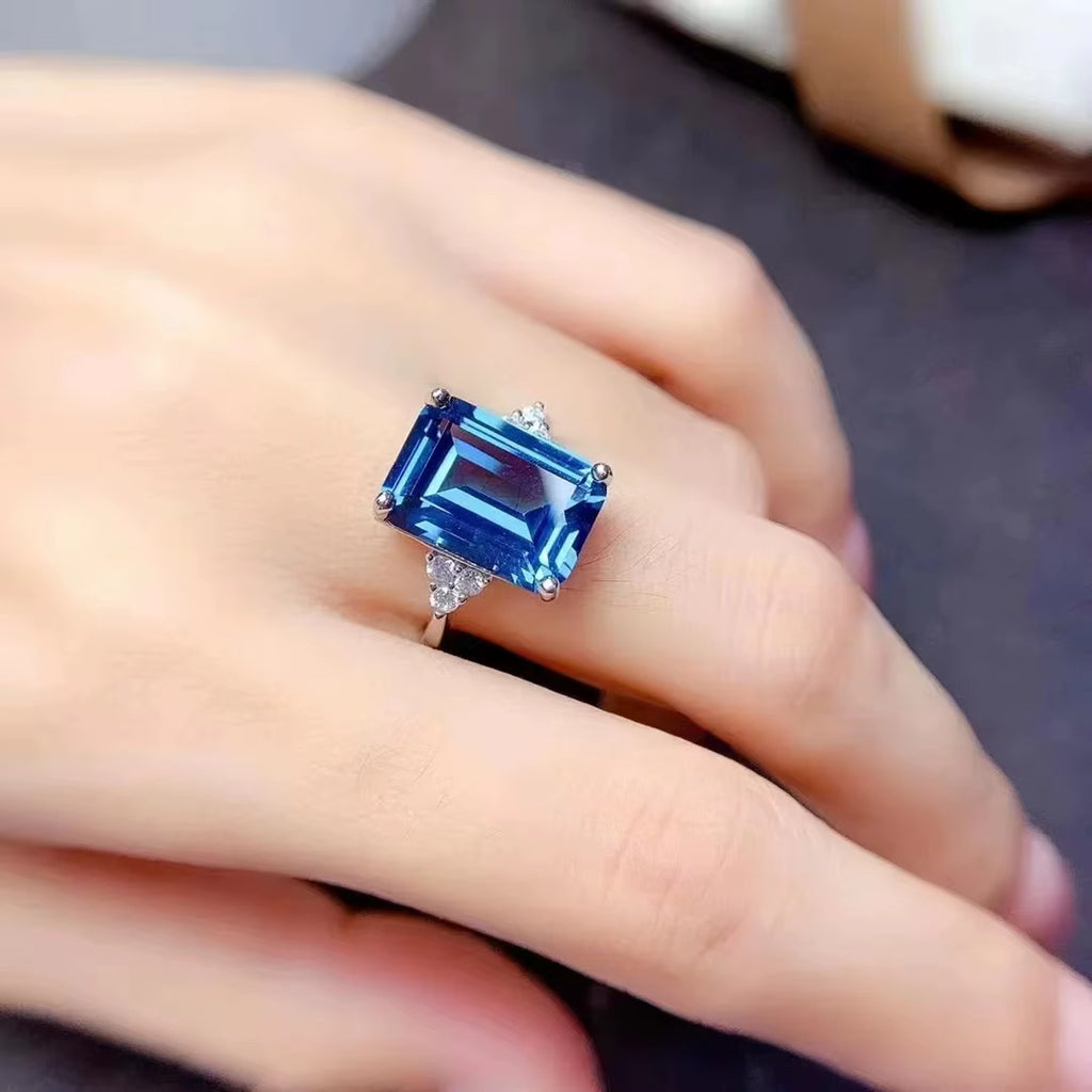 Emerald Cut London Blue Topaz Ring 925 Sterling Silver, Blue Topaz 10x14mm