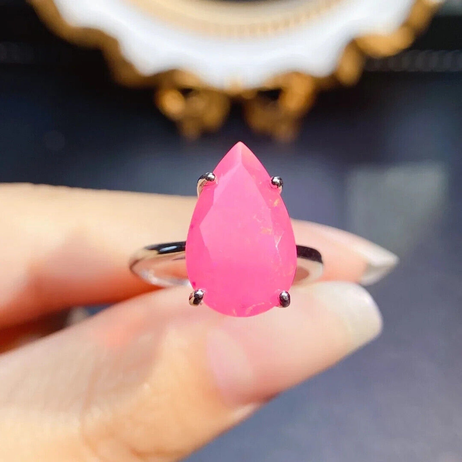 Pear Cut Pink Opal Ring 10x16mm, Pink Fire Opal Statement Ring Sterling Silver