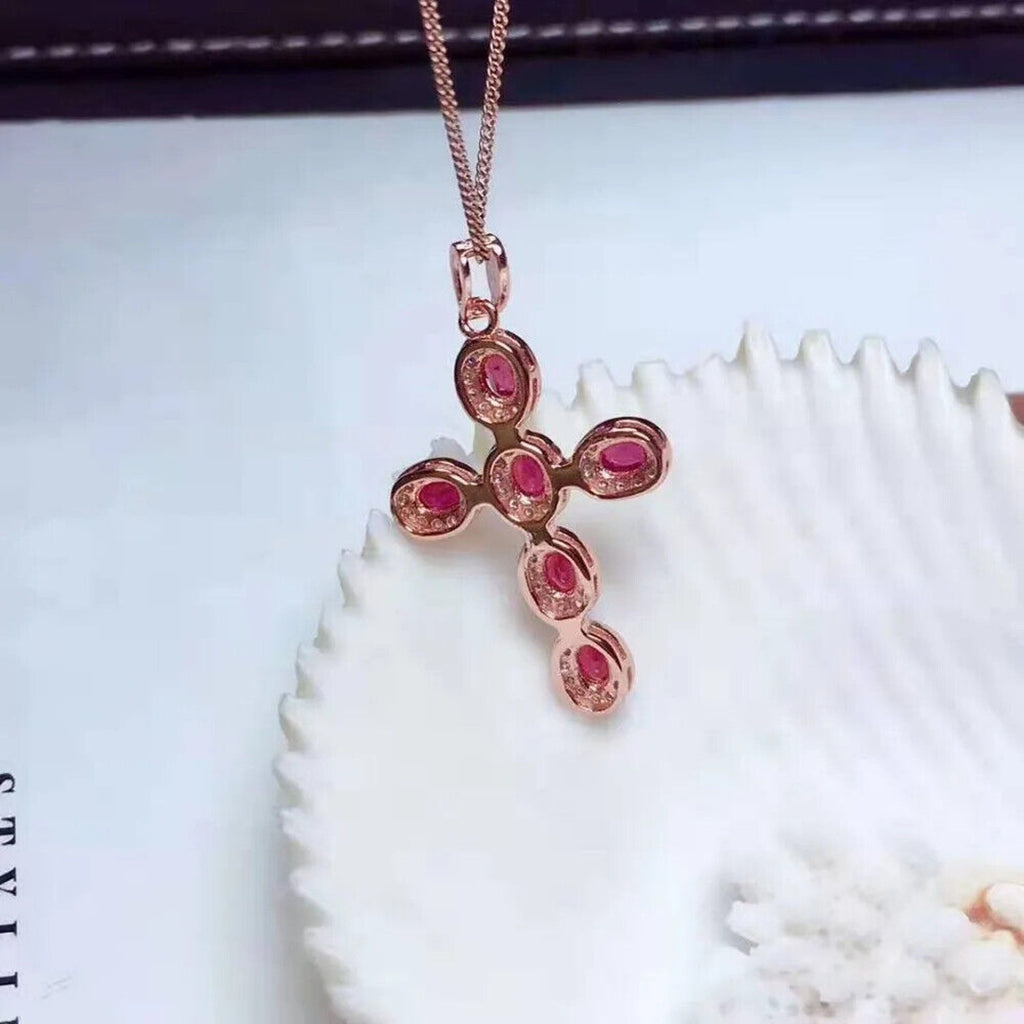 Natural Gemstone Cross Necklace, Ruby, Sapphire, Emerald, Moonstone, Aquamarine
