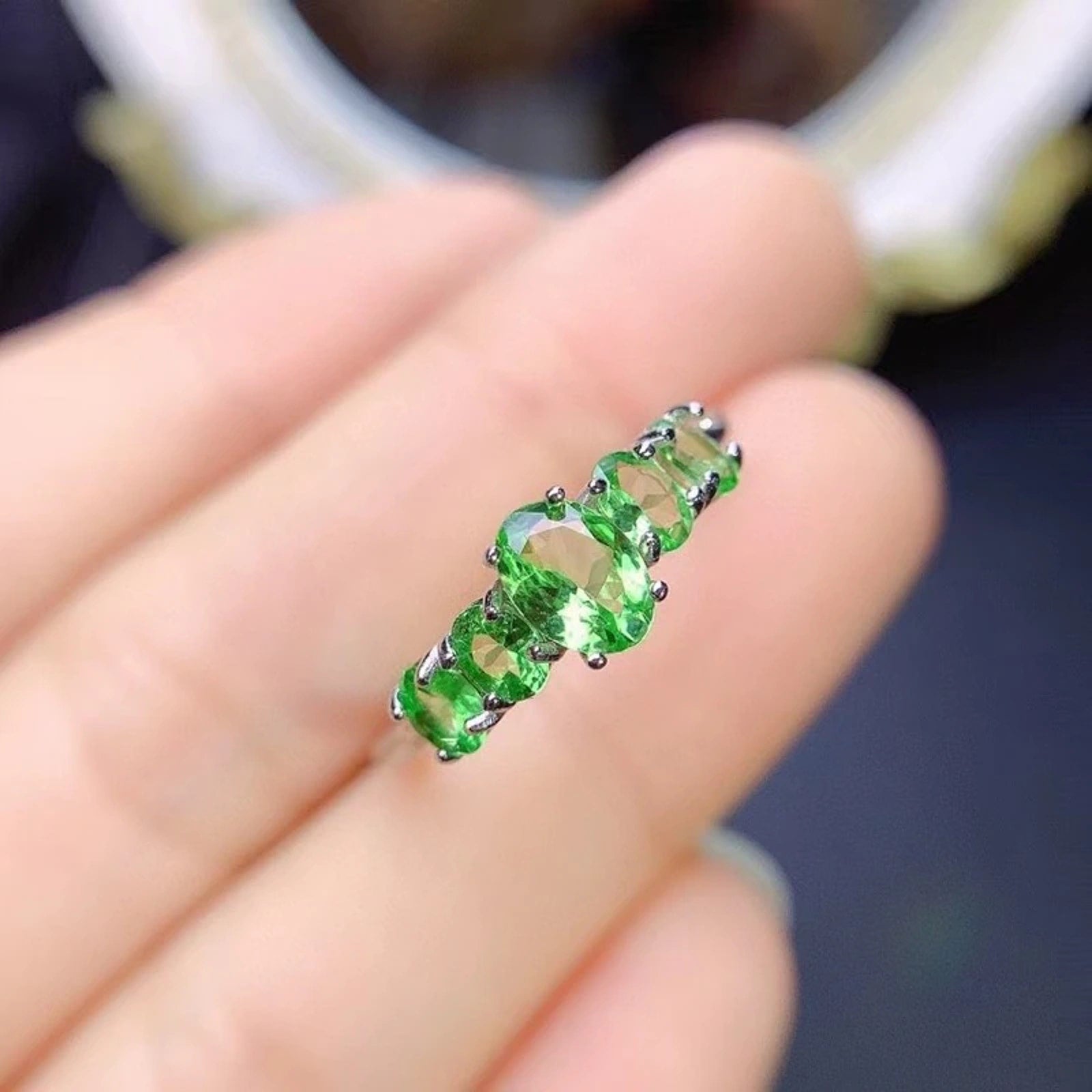 Genuine Tsavorite Gemstone Ring, Oval Cut Tsavorite Ring Platinum Plated