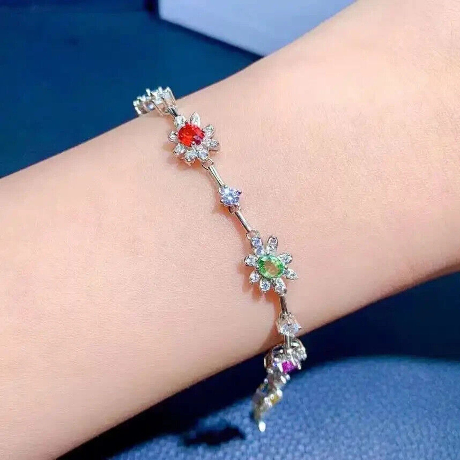 Colorful Dainty Sapphire Flower Tennis Bracelet, Natural Sapphire Gemstone