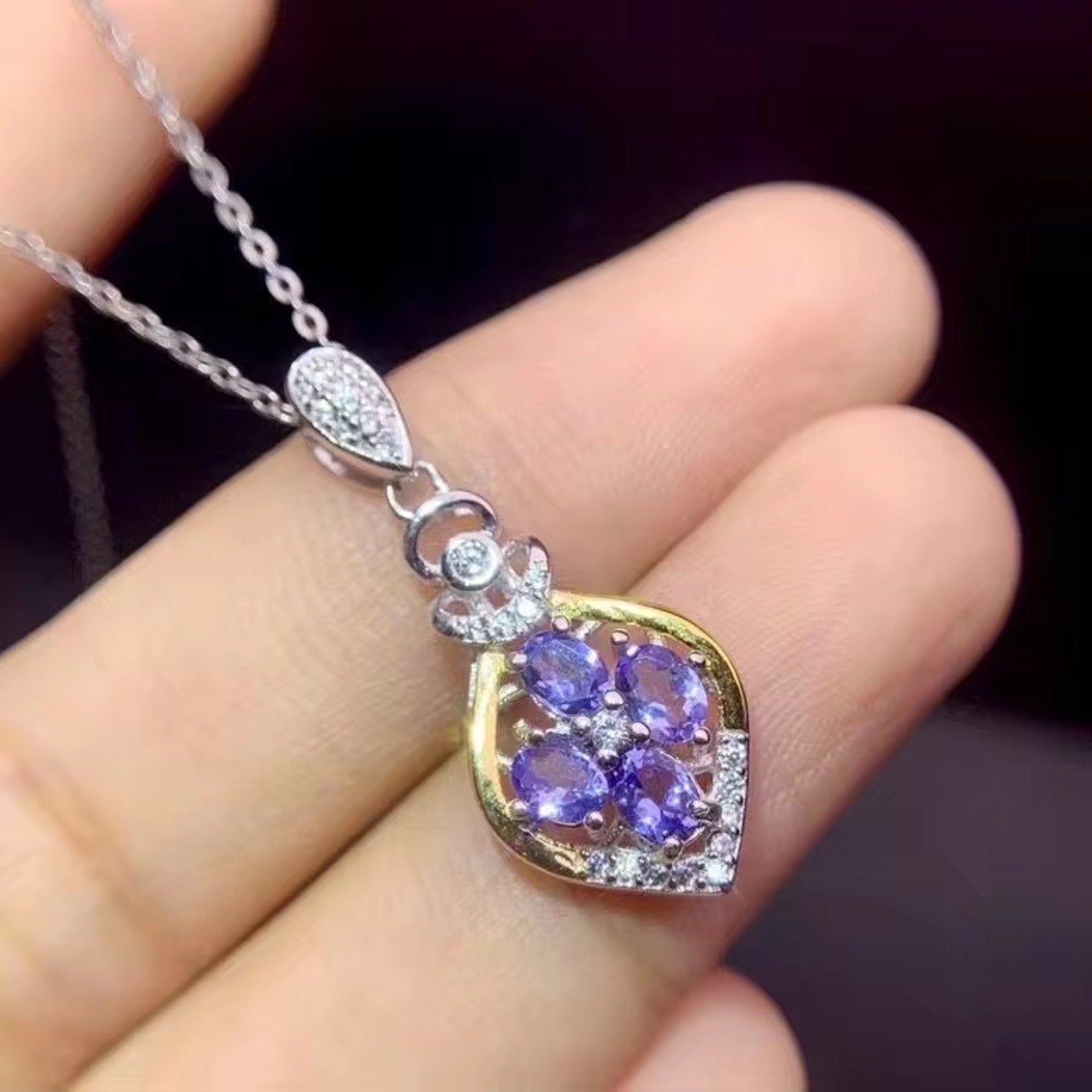 Tanzanite Necklace, Dainty Purple Tanzanite Charm Necklace Sterling Silver