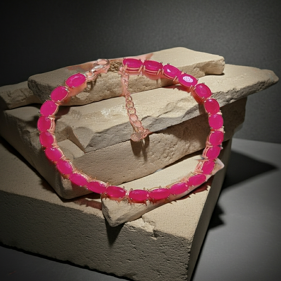12 Carat Bright Opaque Pink Burma Ruby Bracelet, 925 Sterling Silver Ruby