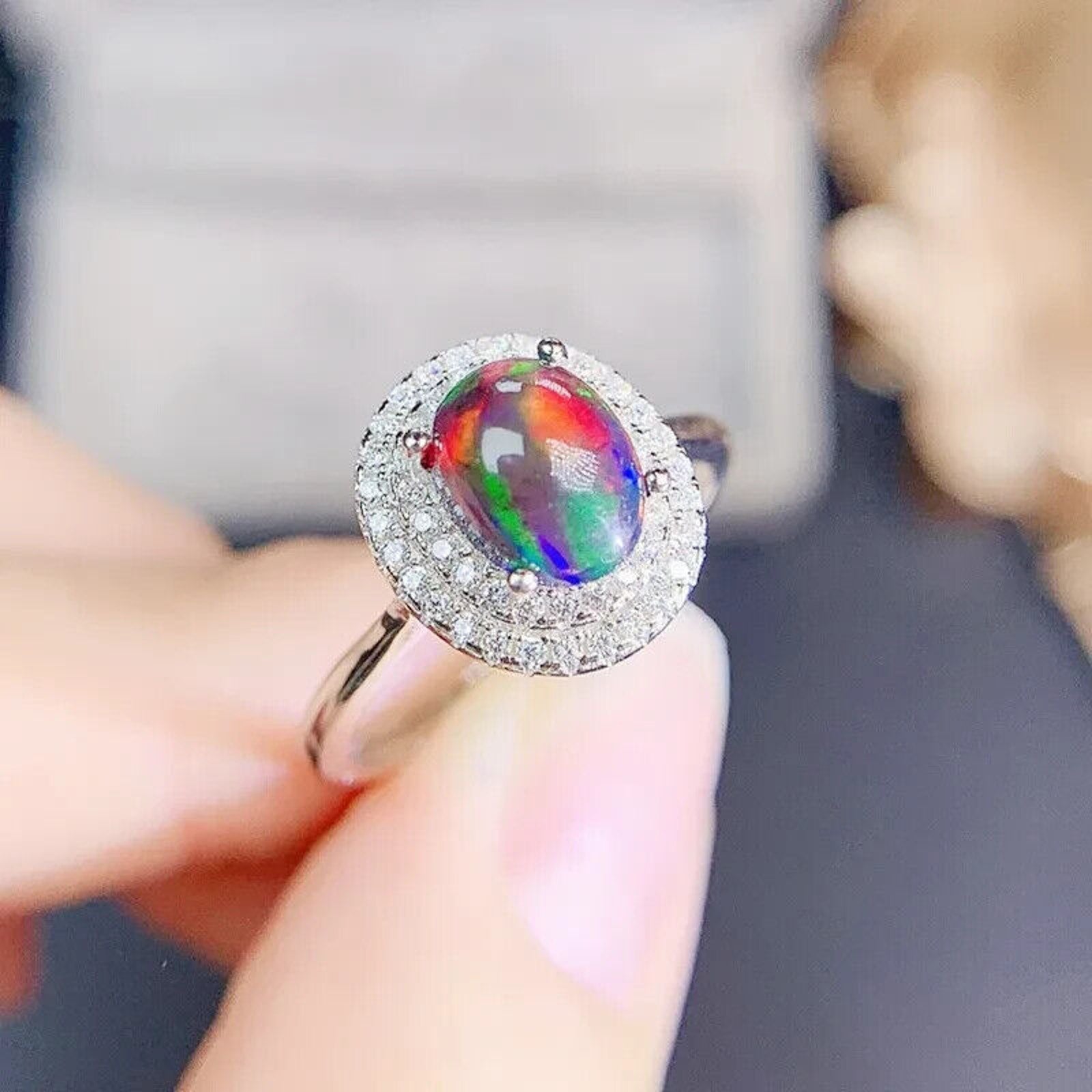 Colorful Black Fire Opal Statement Ring 6x8mm , Natural Fire Opal Ring