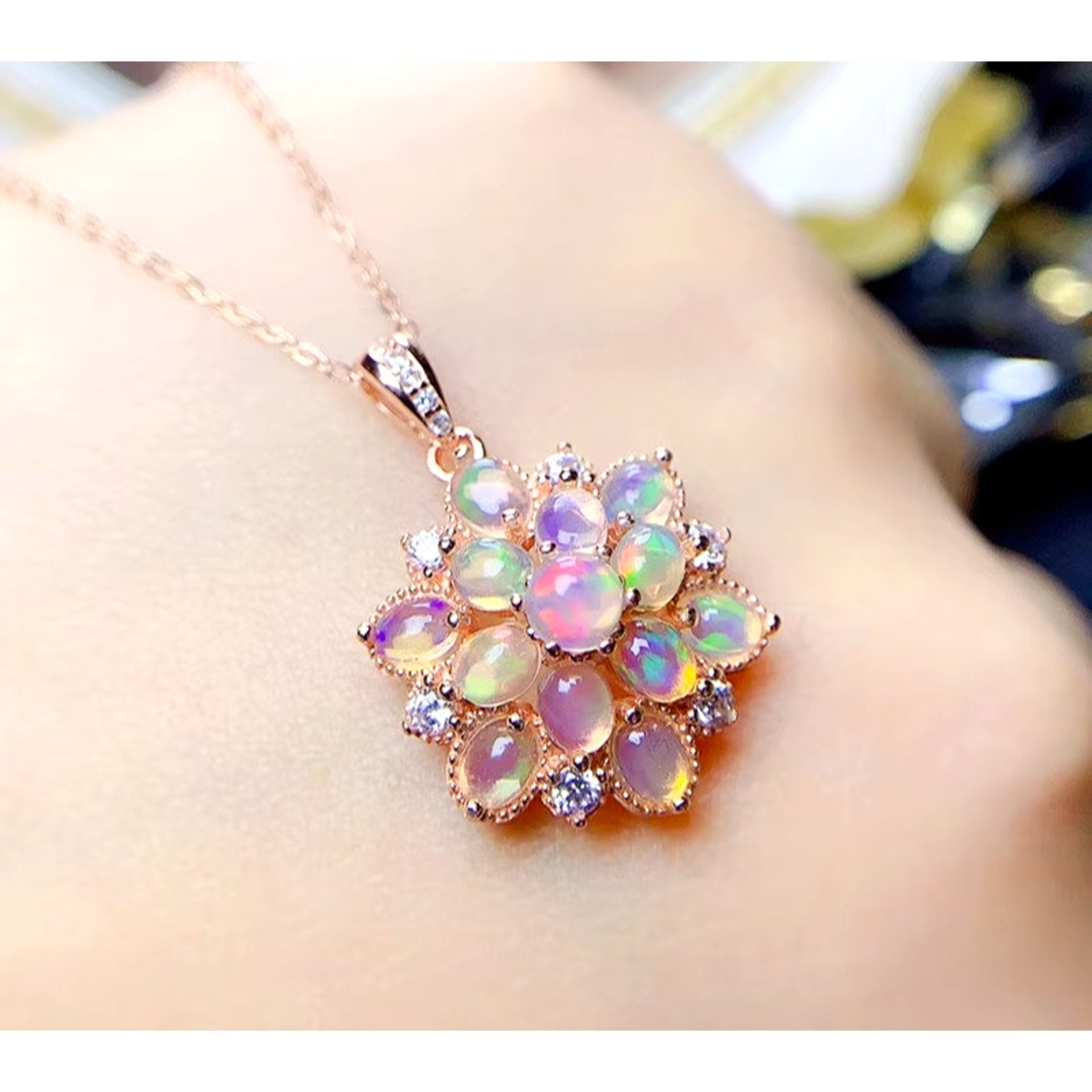 Natural Fire Opal Cluster Pendant Necklace, Women's Opal Pendant Necklace