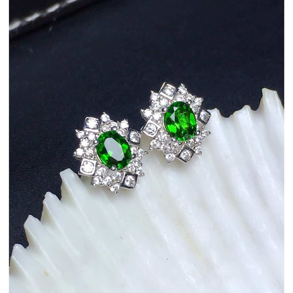 Natural Chrome Diopside Stud Earrings VVS Grade Platinum Plated Sterling Silver
