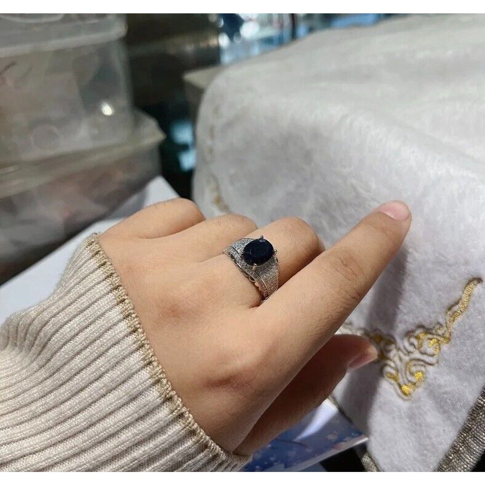 Mens Black Sapphire Cocktail Ring 8x10mm, Mens Sapphire Gemstone Rings