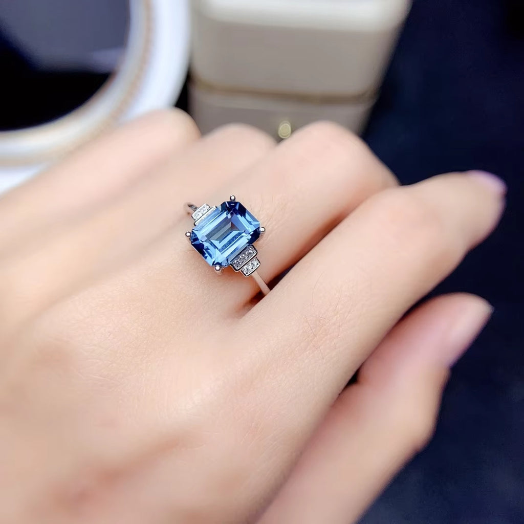 Emerald Cut London Blue Topaz Ring 925 Sterling Silver, London Blue Topaz 7x9mm