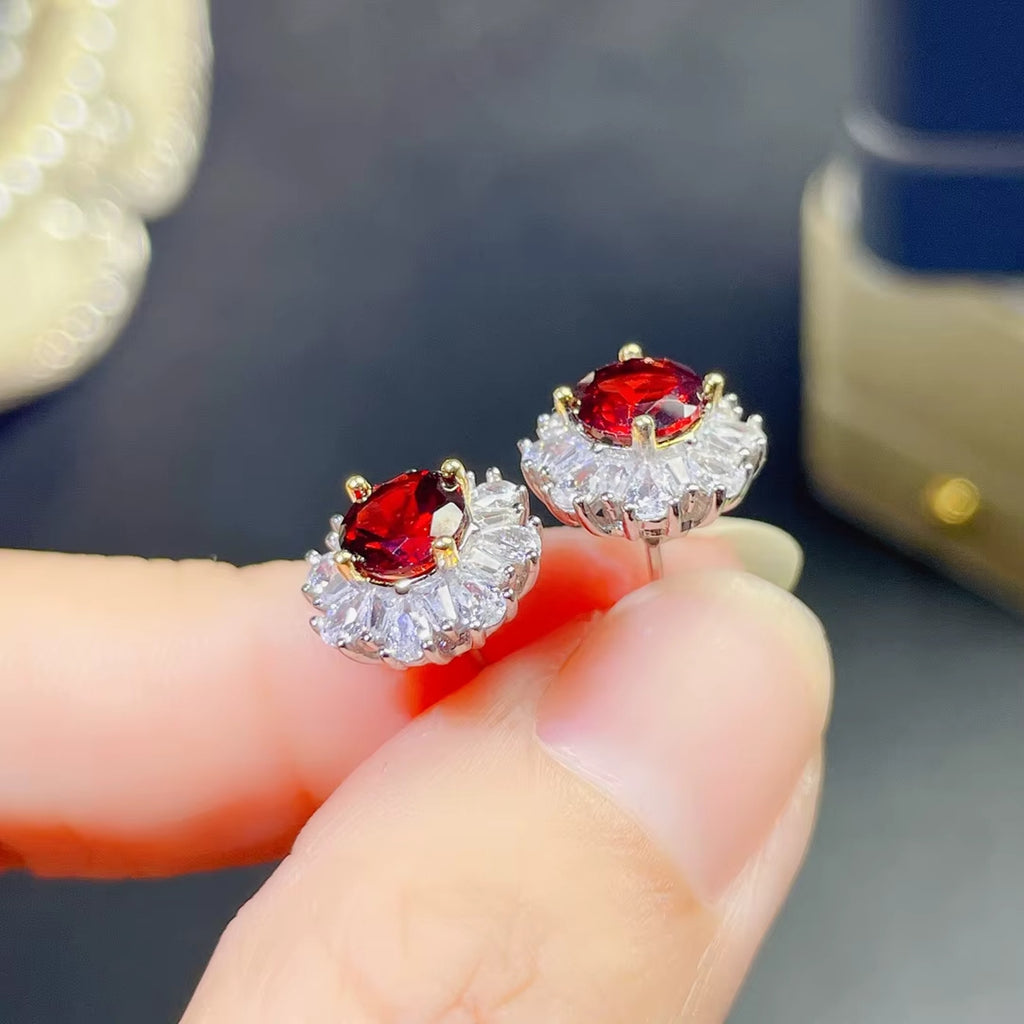 Red Garnet Cluster Earrings 925 Sterling Silver 4mm Natural Garnet Earrings