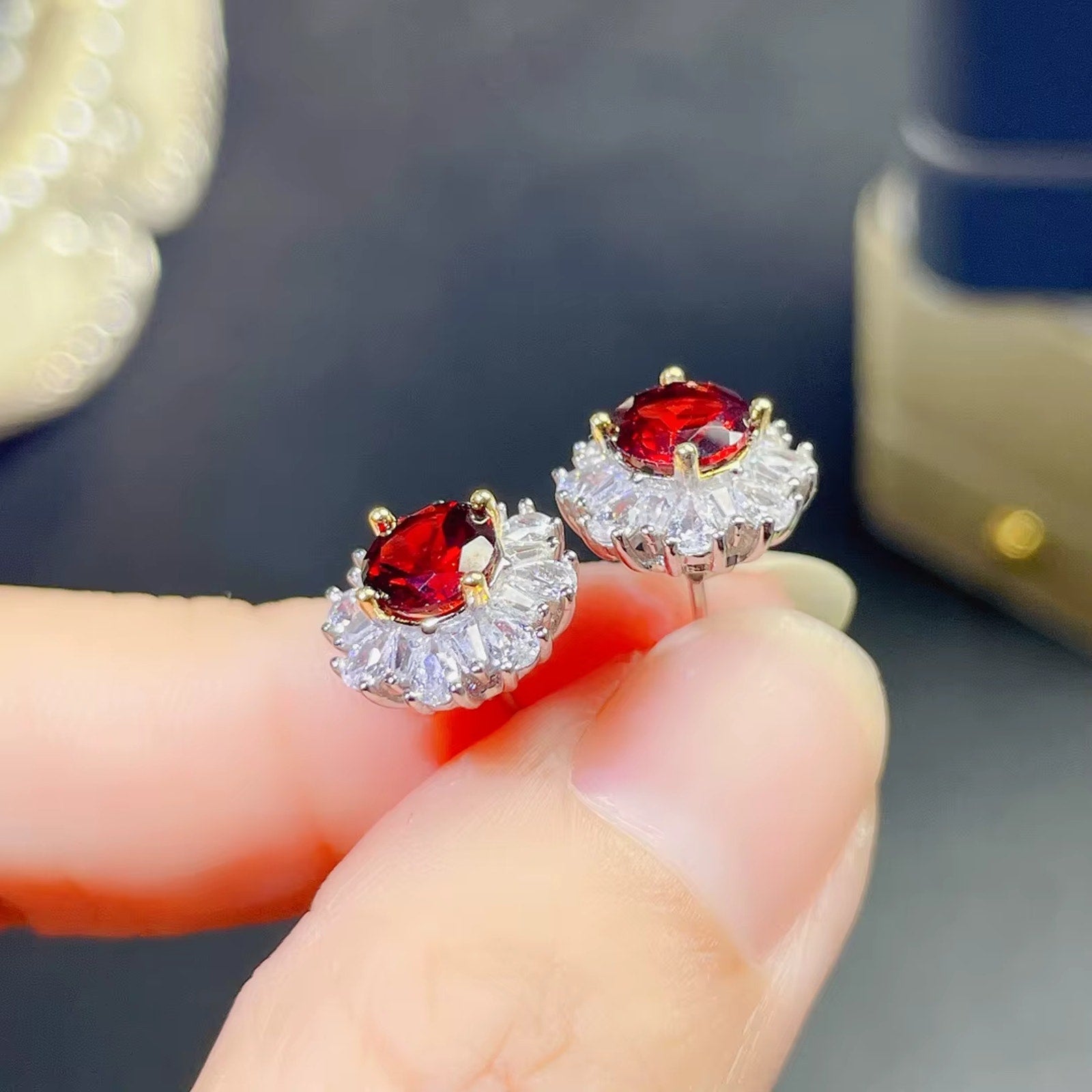 Red Garnet Cluster Earrings 925 Sterling Silver 4mm Natural Garnet Earrings